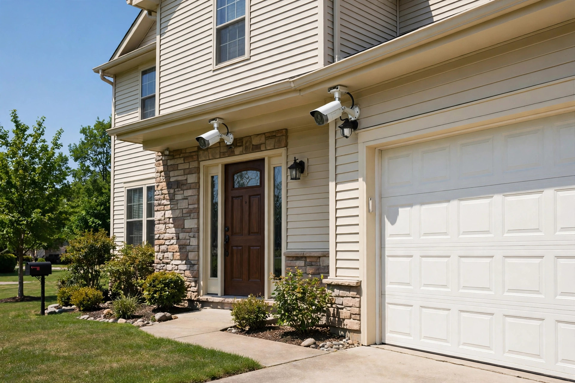 professional grade outdoor security cameras with free shipping: Outdoor security cameras mounted on a house exterior