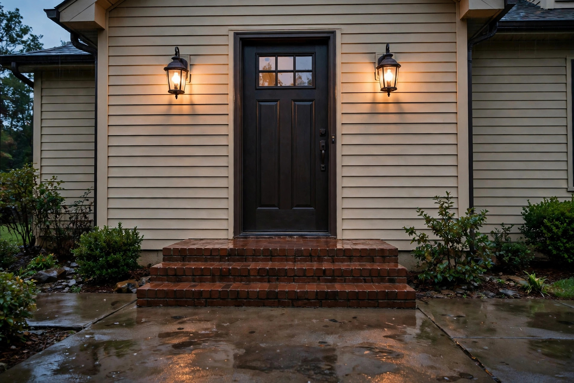 Weather resistant exterior lighting fixtures for sale mounted beside a home entry door