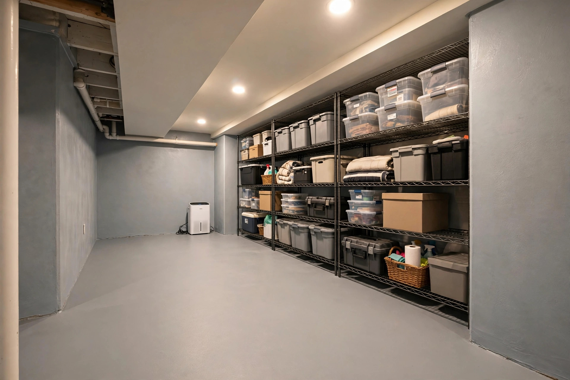 basement waterproofing services cost guide usa: Dry finished basement with sealed walls after basement waterproofing services