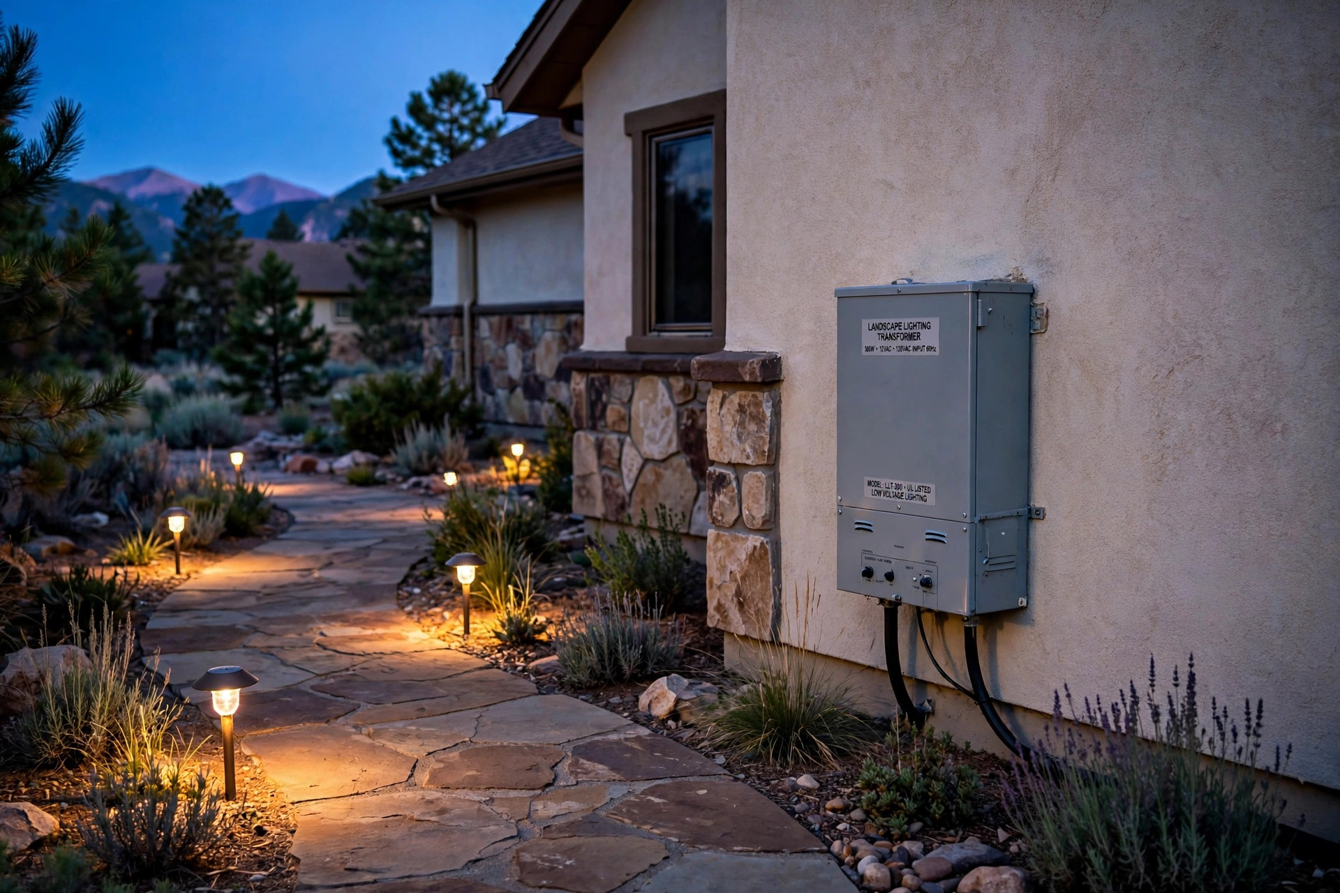 buy landscape lighting transformers online in colorado: Landscape lighting transformers in a Colorado home yard at dusk