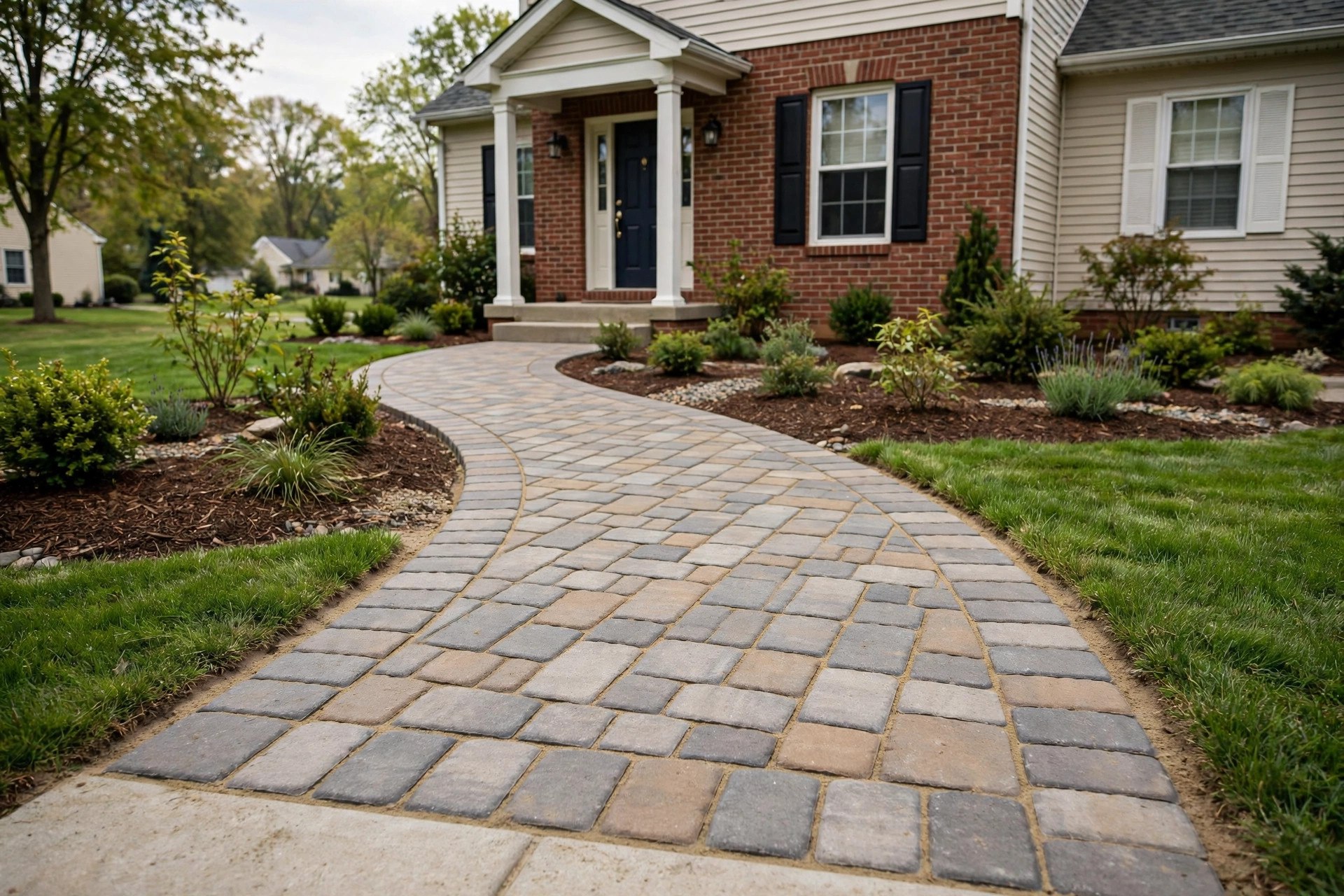 best paver walkway installation for homeowners: Newly installed paver walkway leading to an American home
