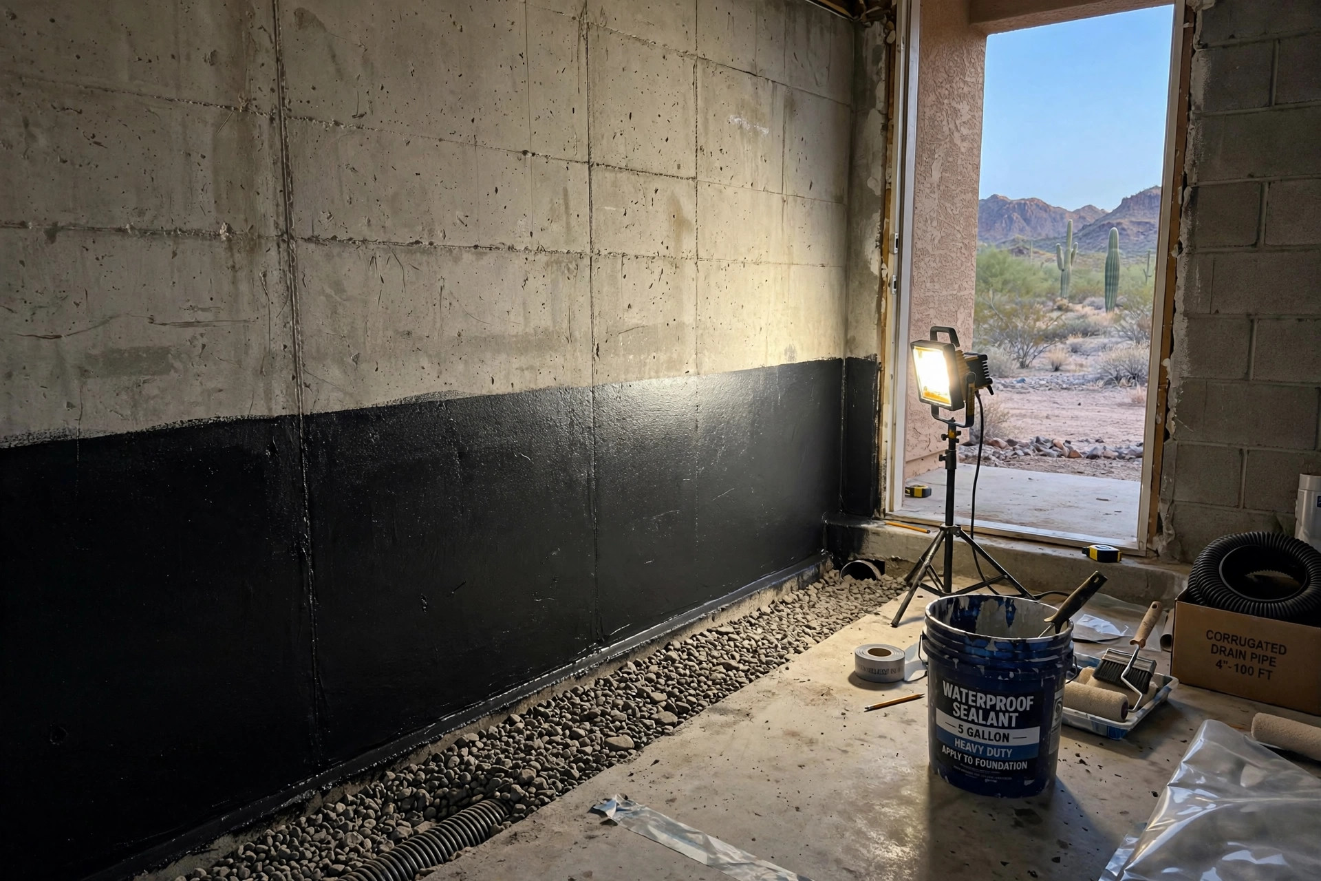 A basement foundation wall after reliable basement waterproofing services in Arizona