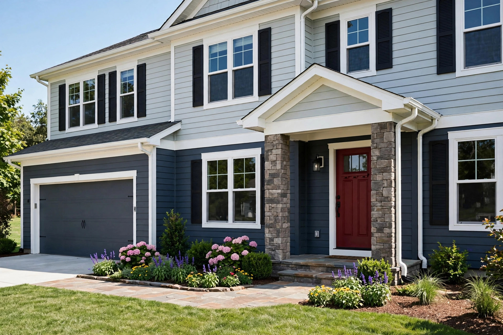 home exterior design services cost guide usa: A redesigned American home exterior with new siding, shutters, and landscaping