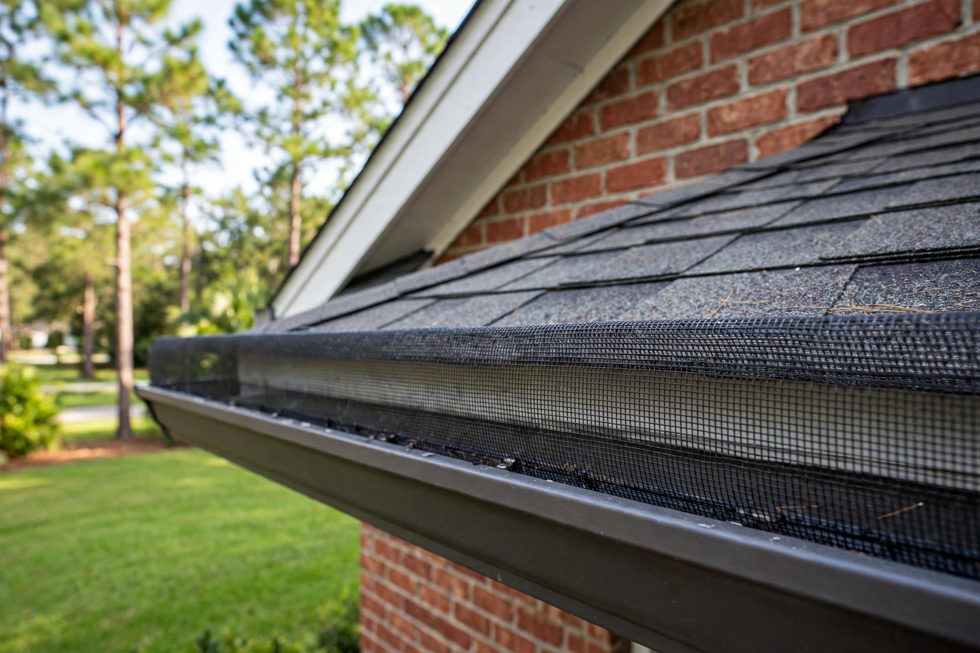 best seamless gutter guards for southern states: Seamless gutter guards installed on a brick home in a southern state