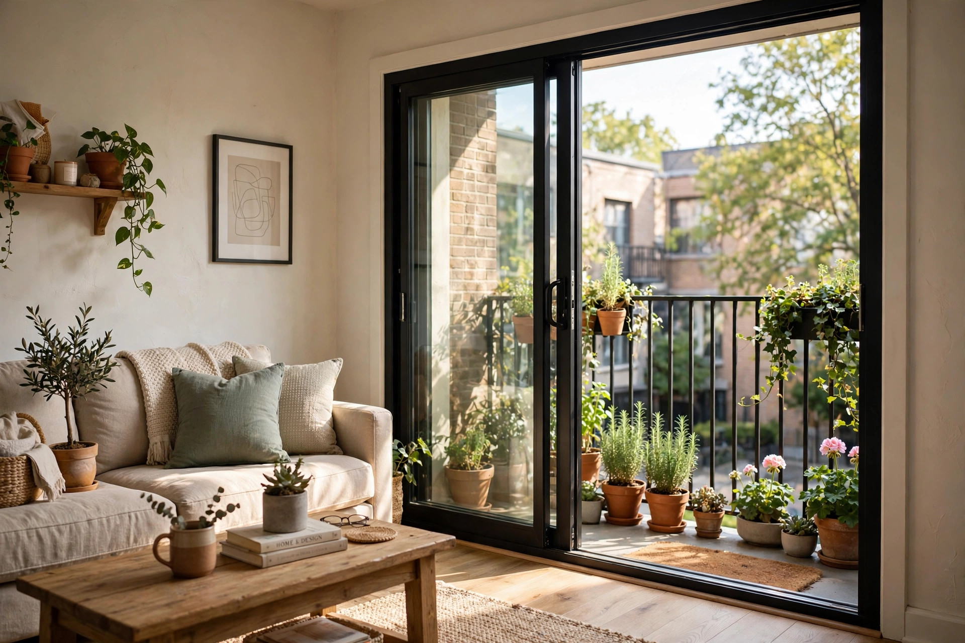 top rated sliding patio doors for small apartments: Glass sliding patio door in a small apartment opening onto a balcony