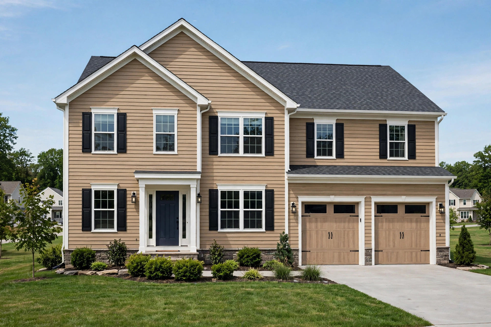 Best wood siding replacement for homeowners shown on a two-story suburban home