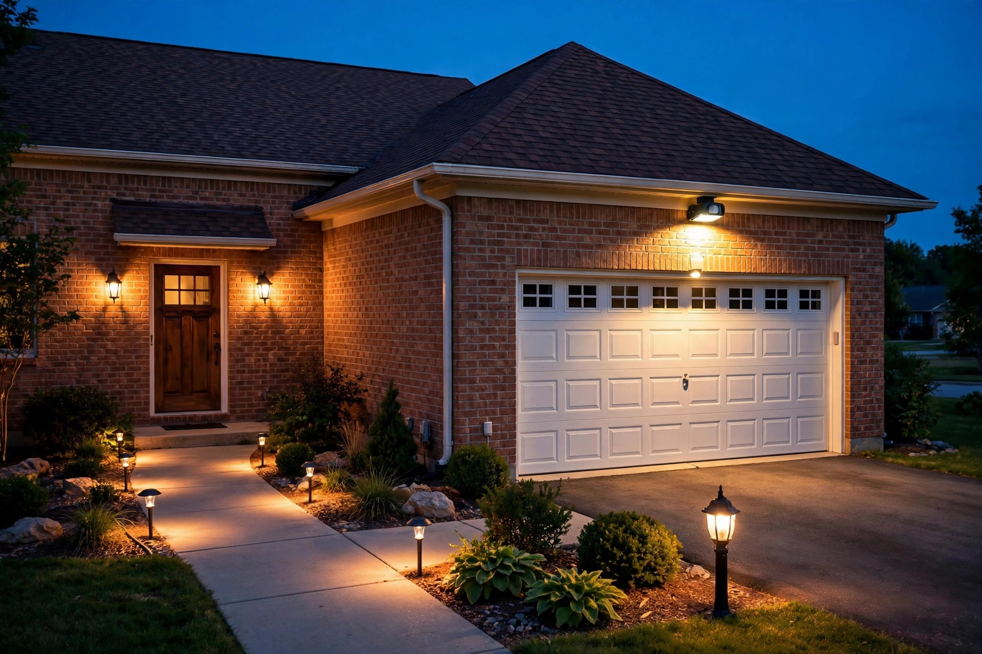Top rated exterior lighting fixtures for midwest homes on a brick house at dusk