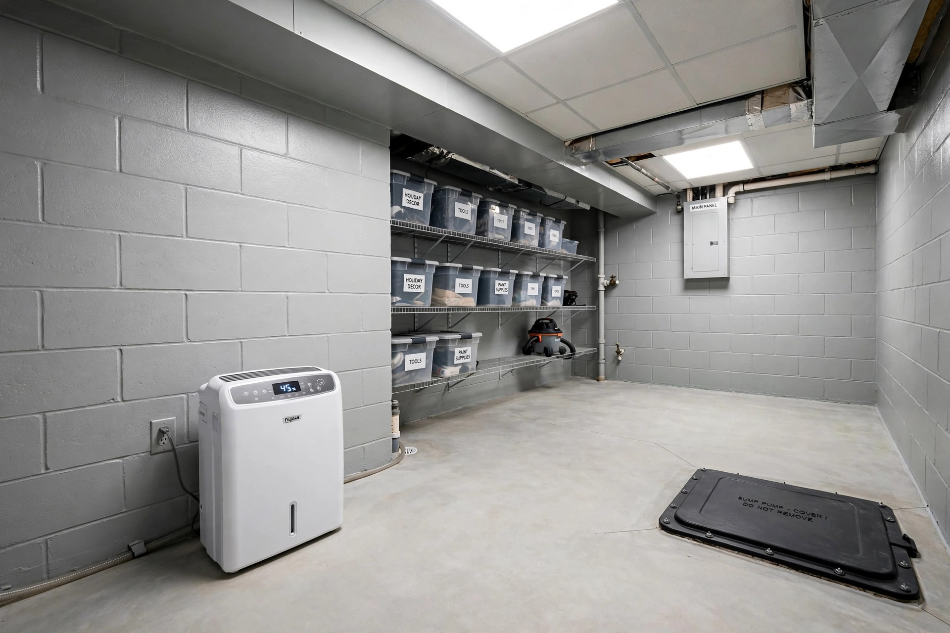 weather resistant basement waterproofing services near me: A dry, finished basement with painted concrete block walls and a sump pump pit