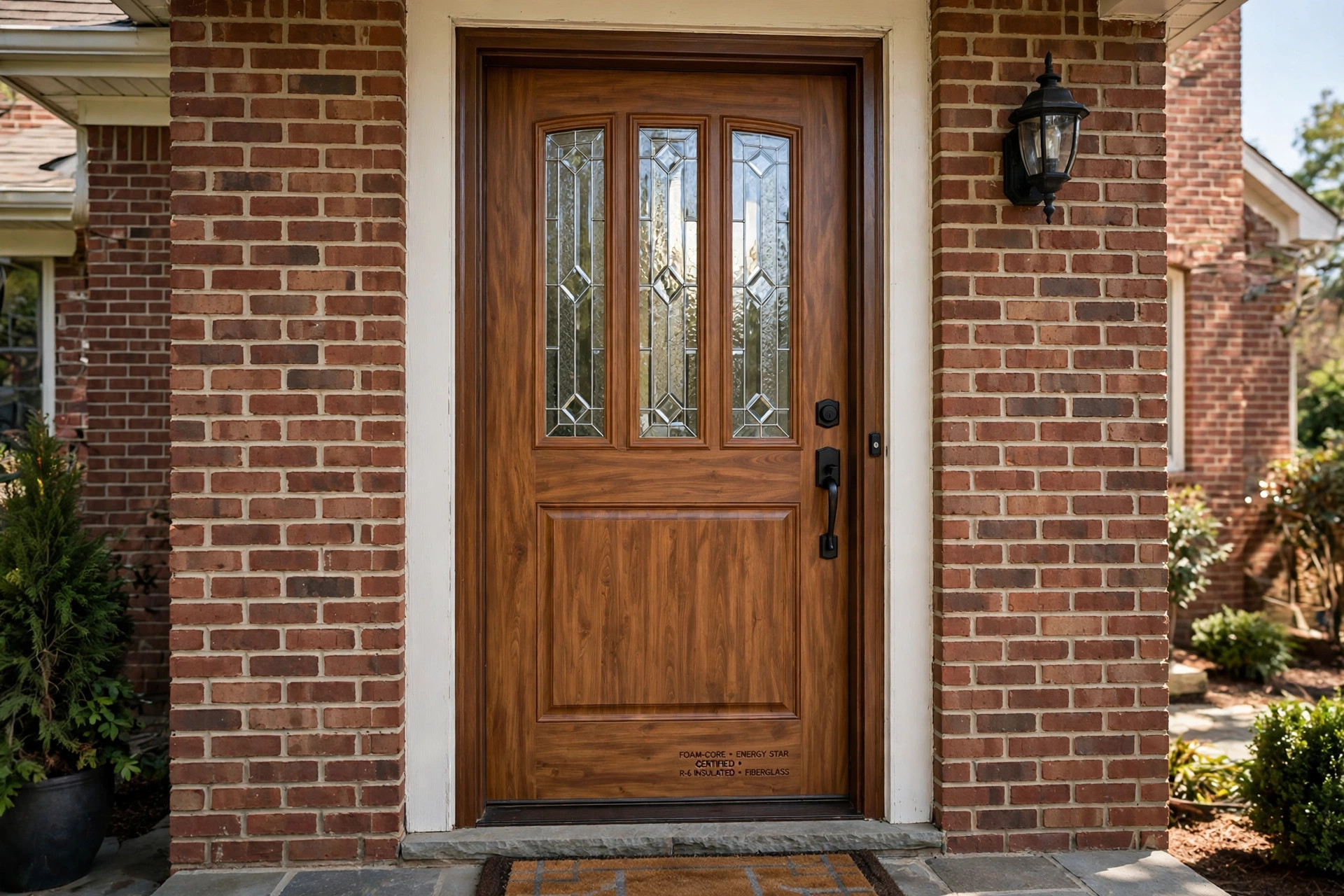 energy efficient fiberglass entry doors buying guide: Energy efficient fiberglass entry doors installed on a brick home