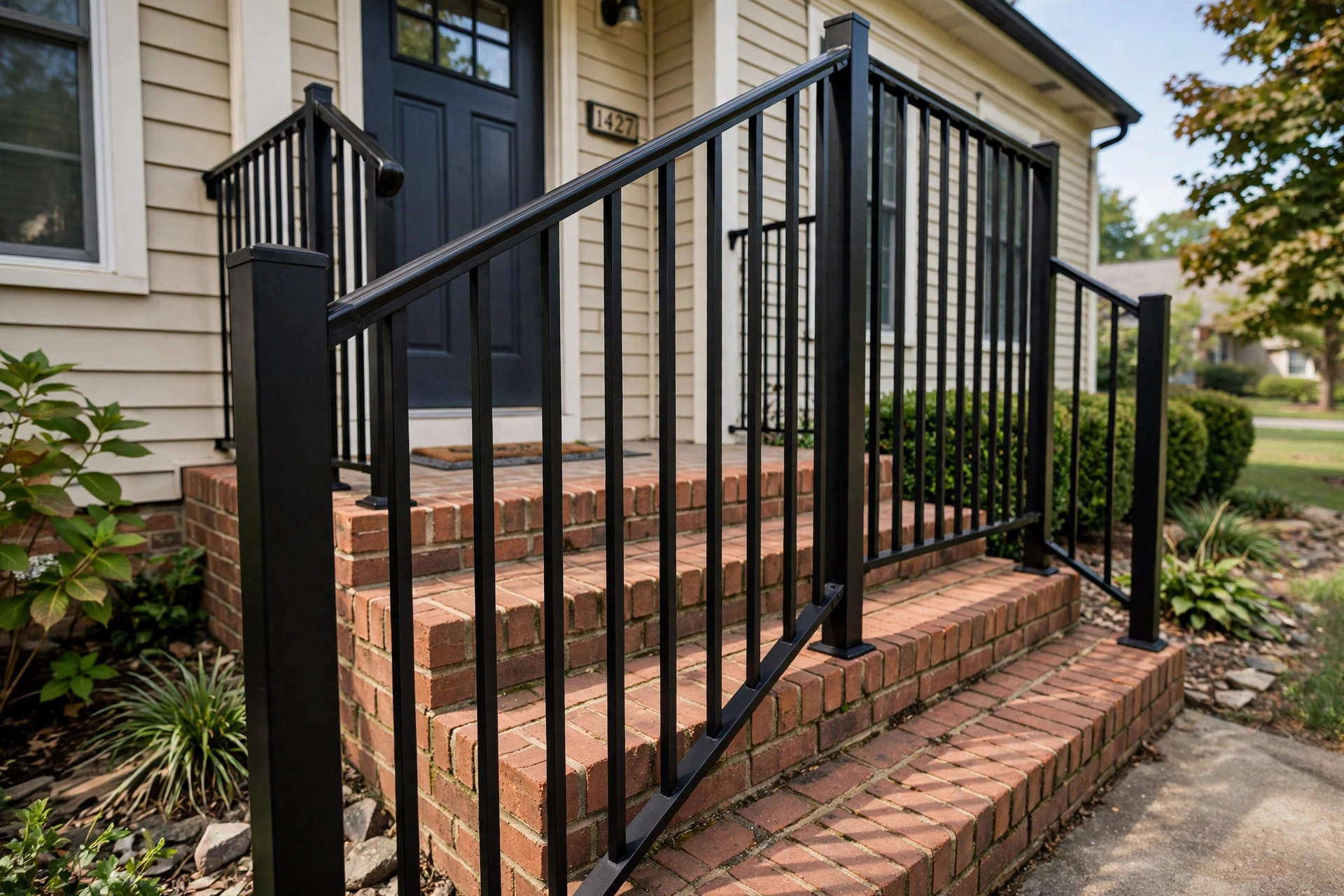 Professional grade exterior stair railings for sale on a front porch