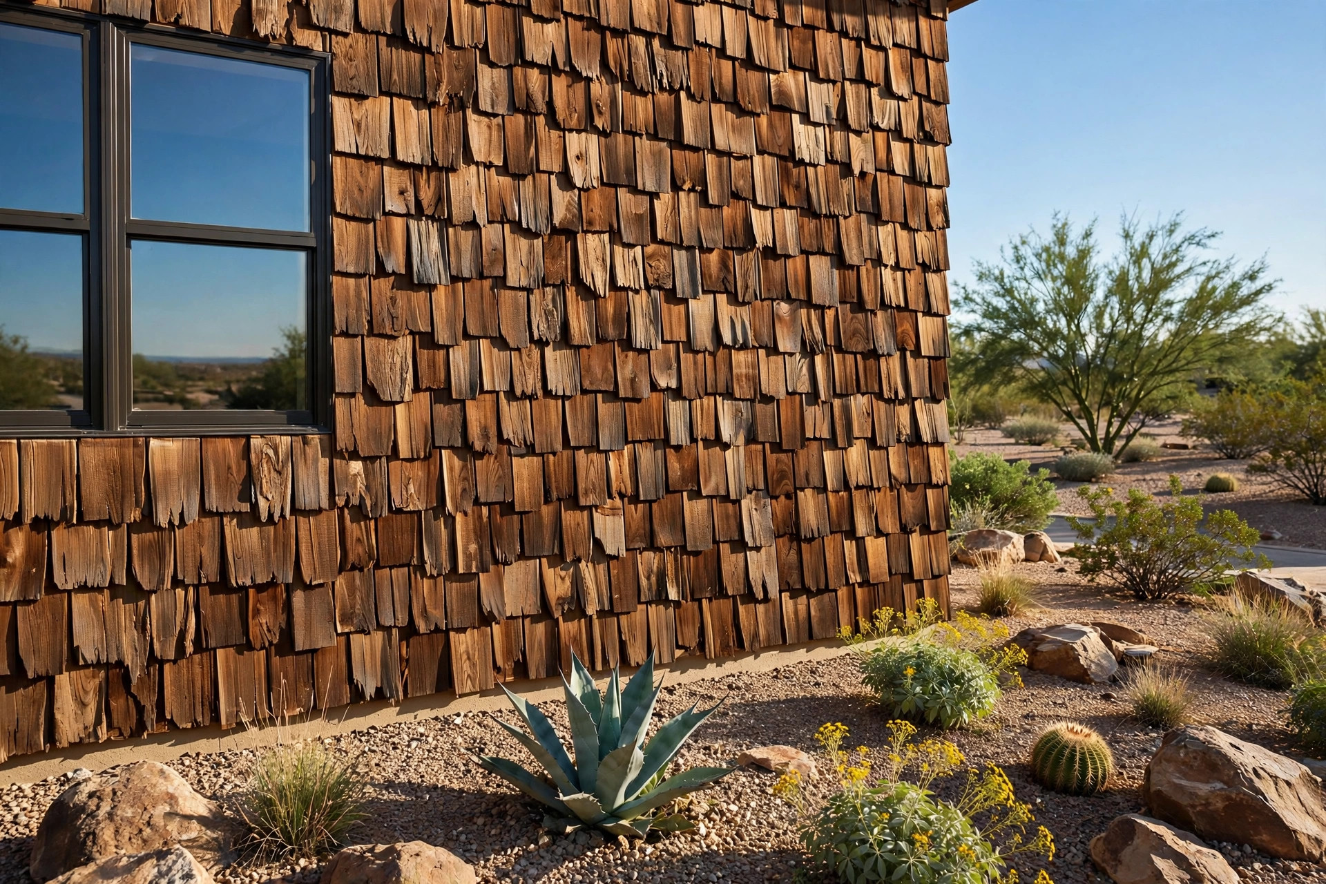 buy cedar shake siding online in arizona: Real cedar shake siding on an Arizona home exterior