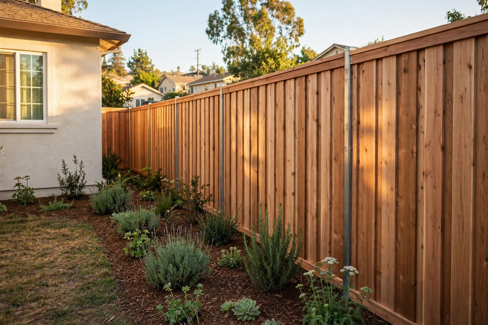 Newly installed wooden privacy fence in a California backyard with the focus keyword reliable fence installation contractors in california