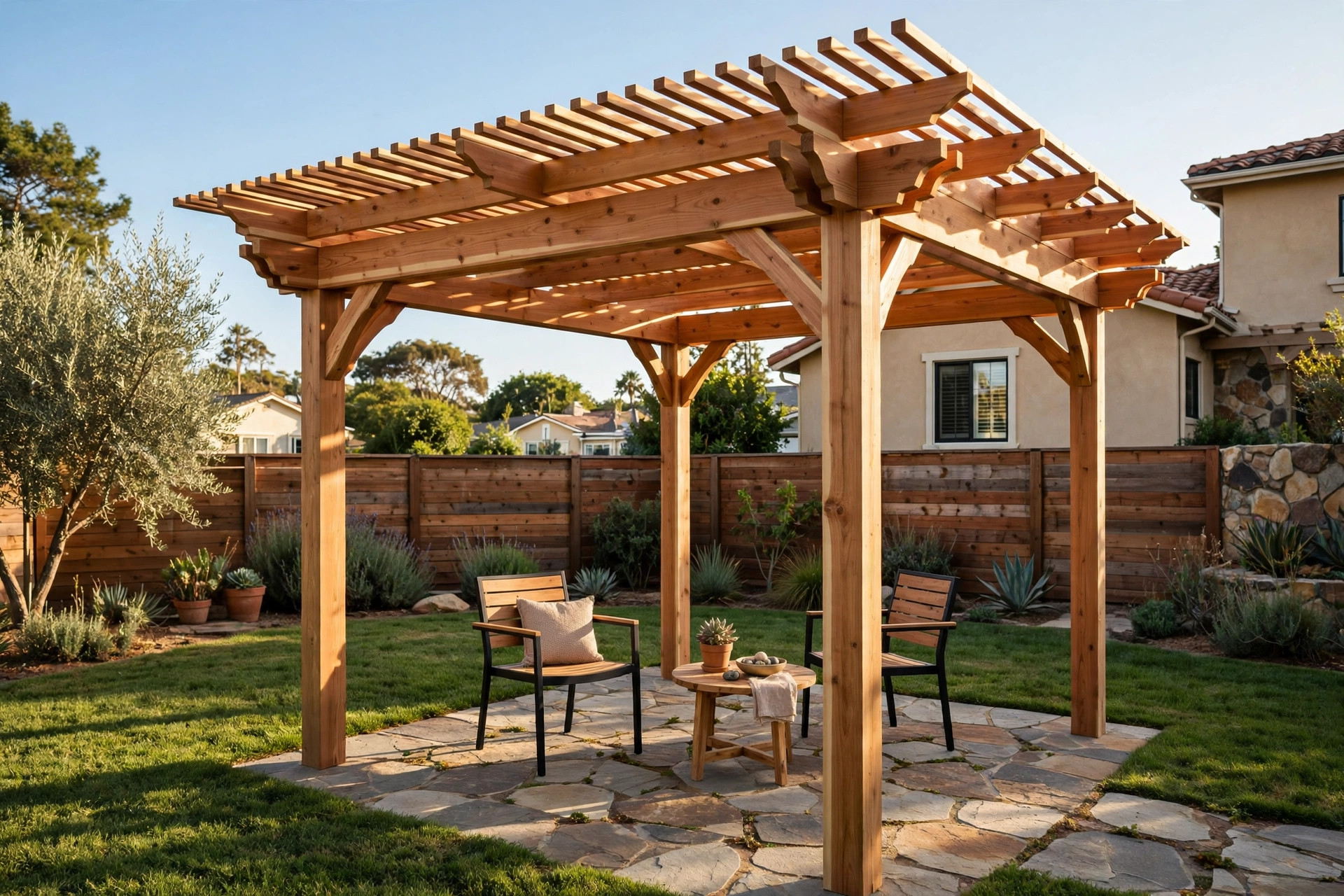 buy pergola installation kits online in california: Pergola installation kit built over a patio in a California backyard