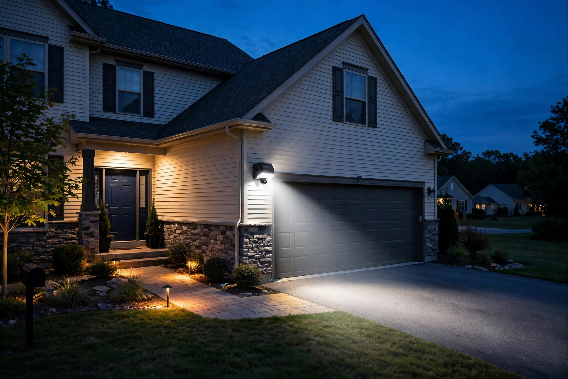 motion sensor flood lights reviews and buying guide: Motion sensor flood lights mounted above a suburban garage at dusk