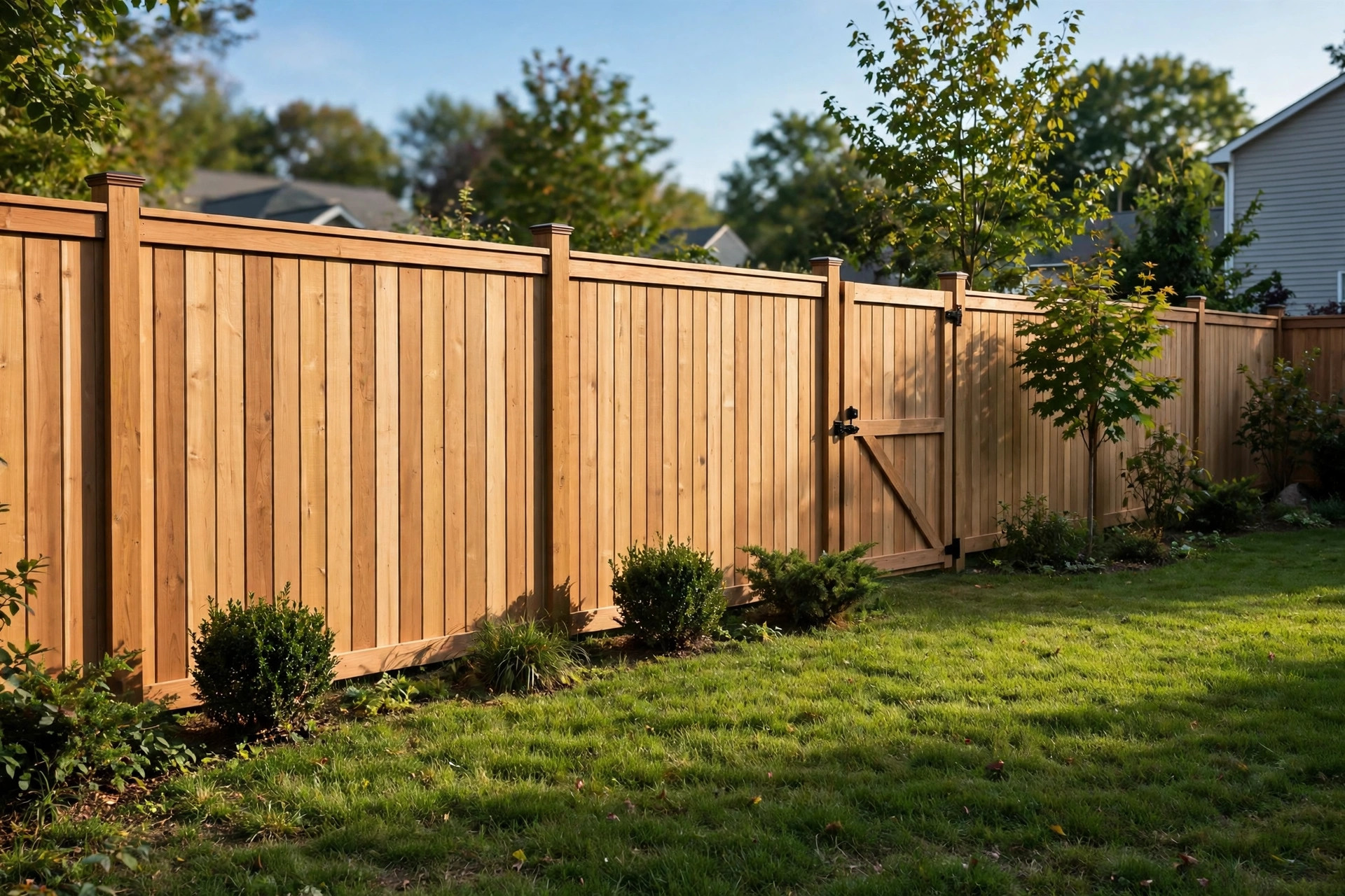 A new cedar privacy fence built by one of the top rated fence installation contractors reviews describe, standing in a suburban American backyard
