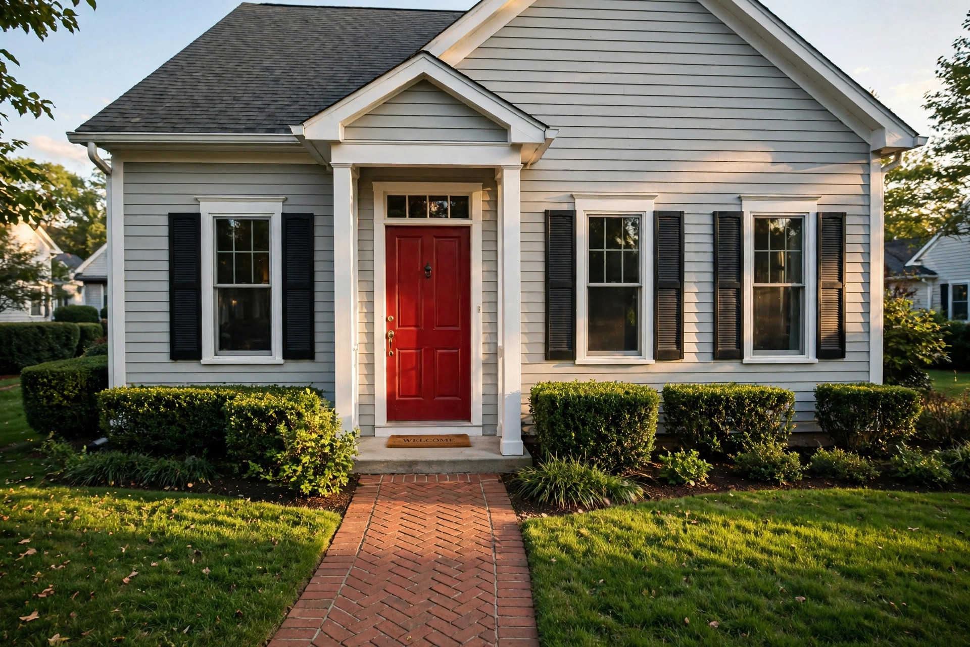 best home exterior design services near me: Front view of an American house with new siding and a tidy lawn
