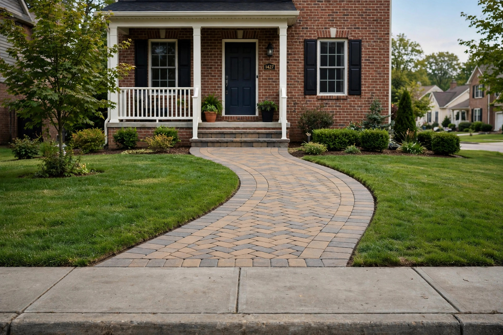 New paver walkway in front of a brick house, a top rated paver walkway installation reviews favorite