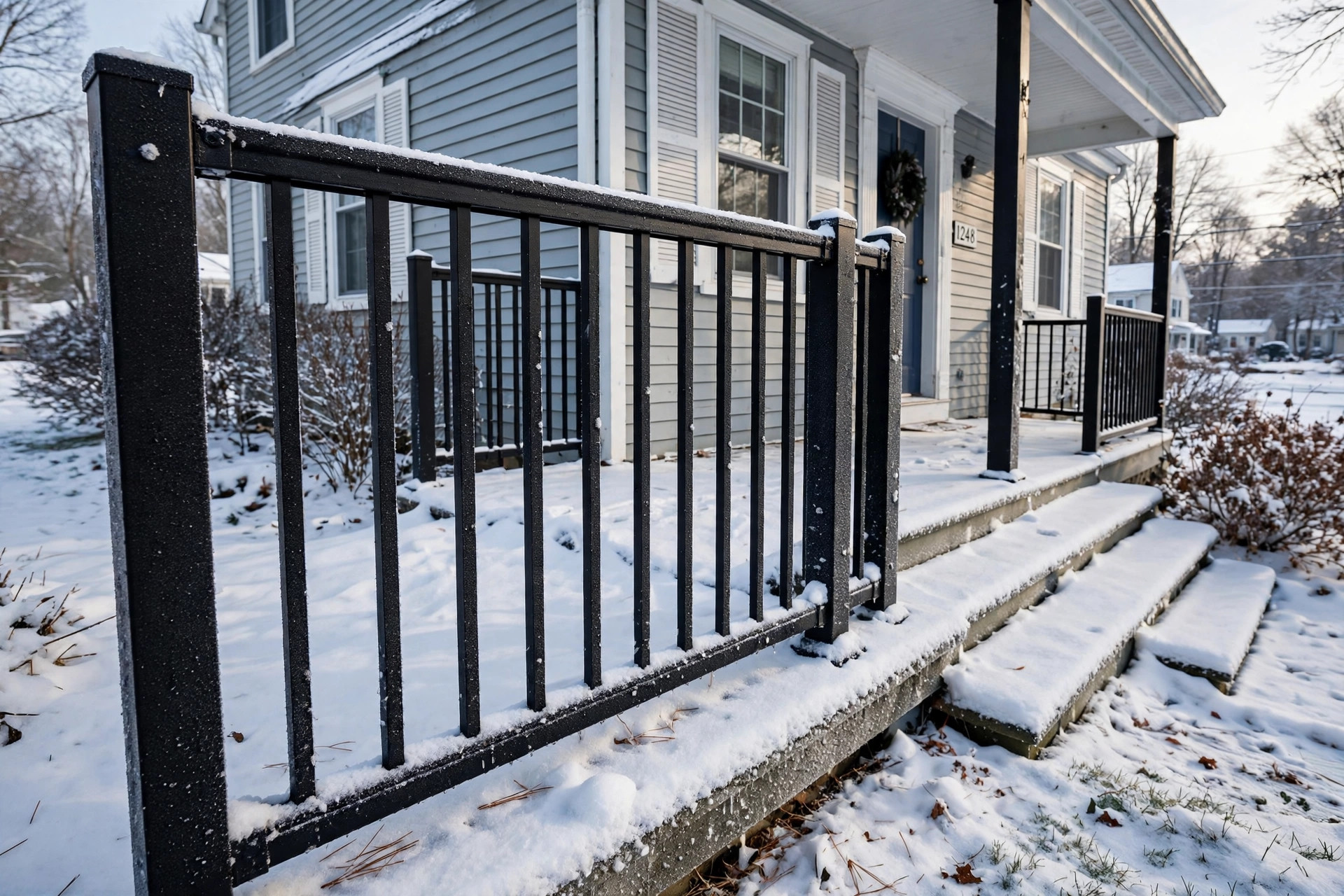 Top rated front porch railings for cold climates installed on a snowy American home