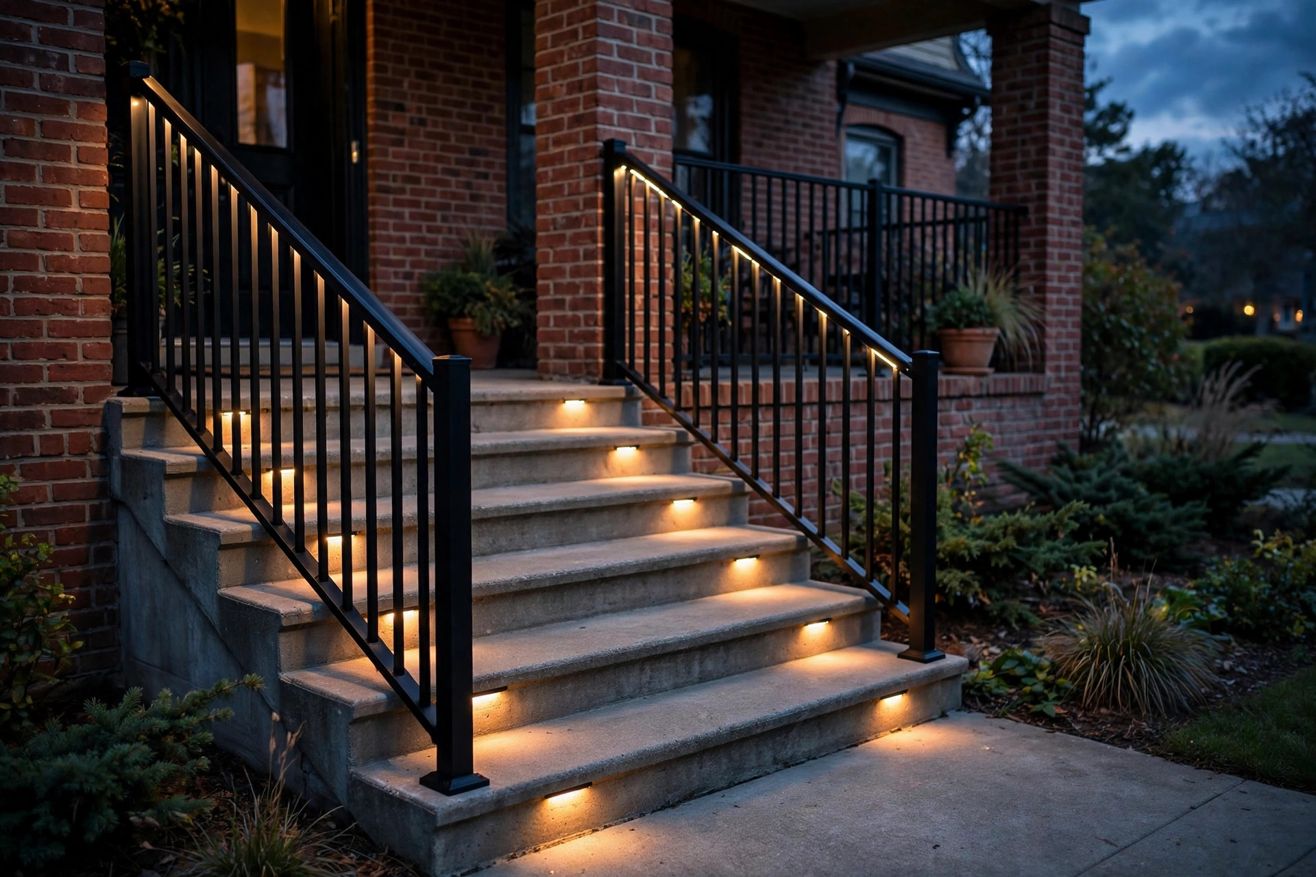 Energy efficient exterior stair railings with free shipping installed on front porch steps