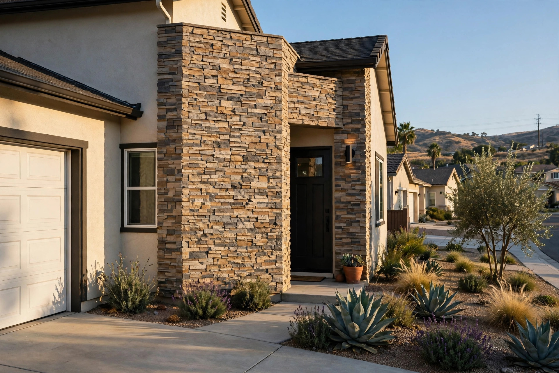 buy stone veneer panels online in california: Stone veneer panels installed on a California home exterior wall