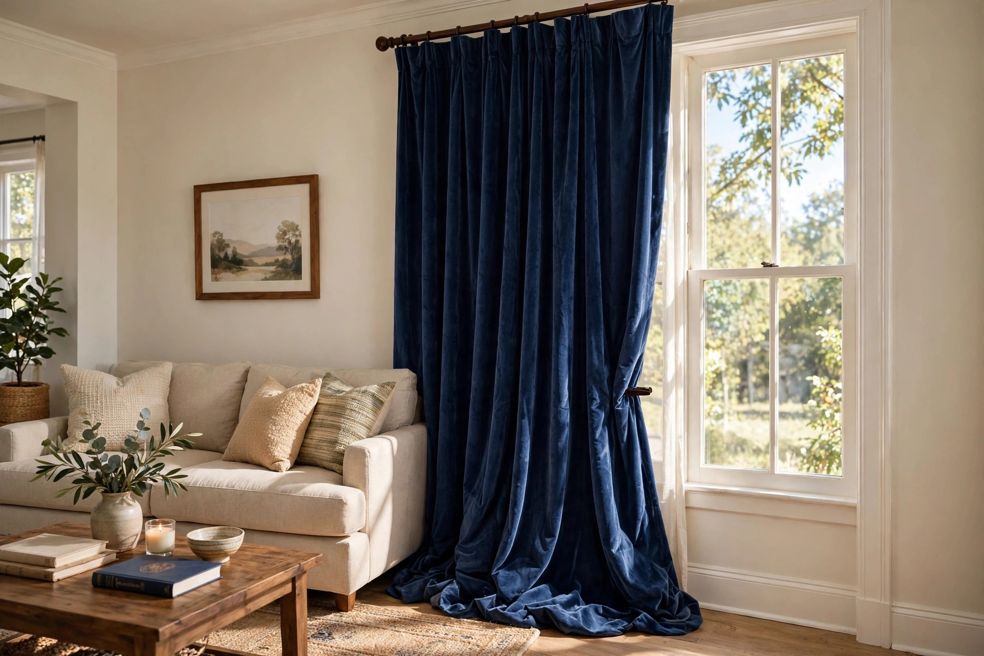navy blue velvet curtains reviews and buying guide: Navy blue velvet curtains hanging in a bright American living room