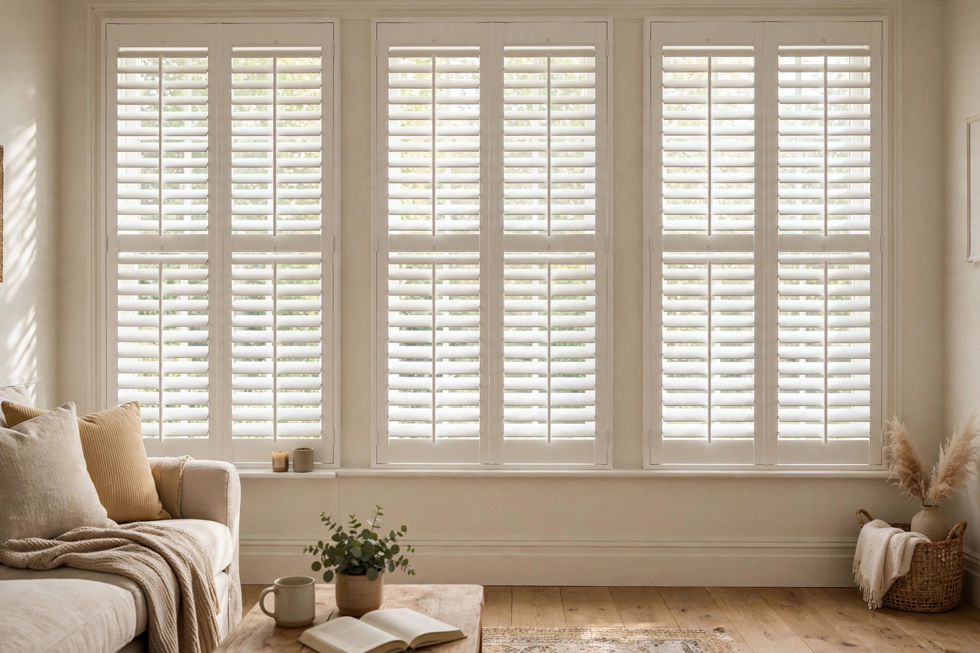 top rated shutter installation services for homeowners: Plantation shutters on windows in a bright American living room