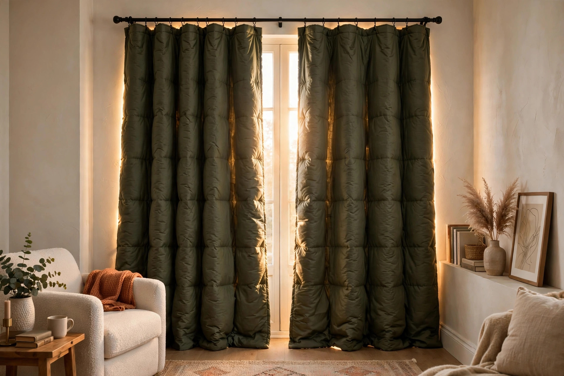 Custom thermal insulated curtains for small apartments hanging over a tall living room window