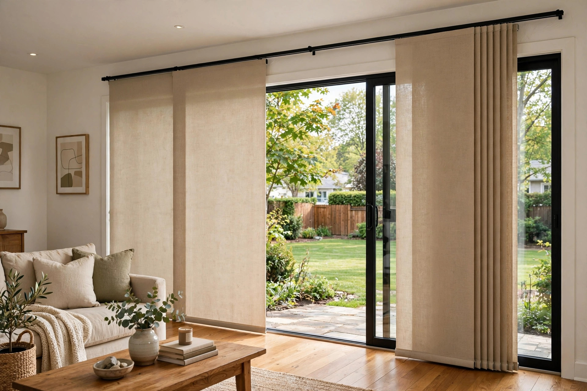 custom sliding panel track blinds for midwest homes: Custom sliding panel track blinds covering wide sliding glass doors in a Midwest living room