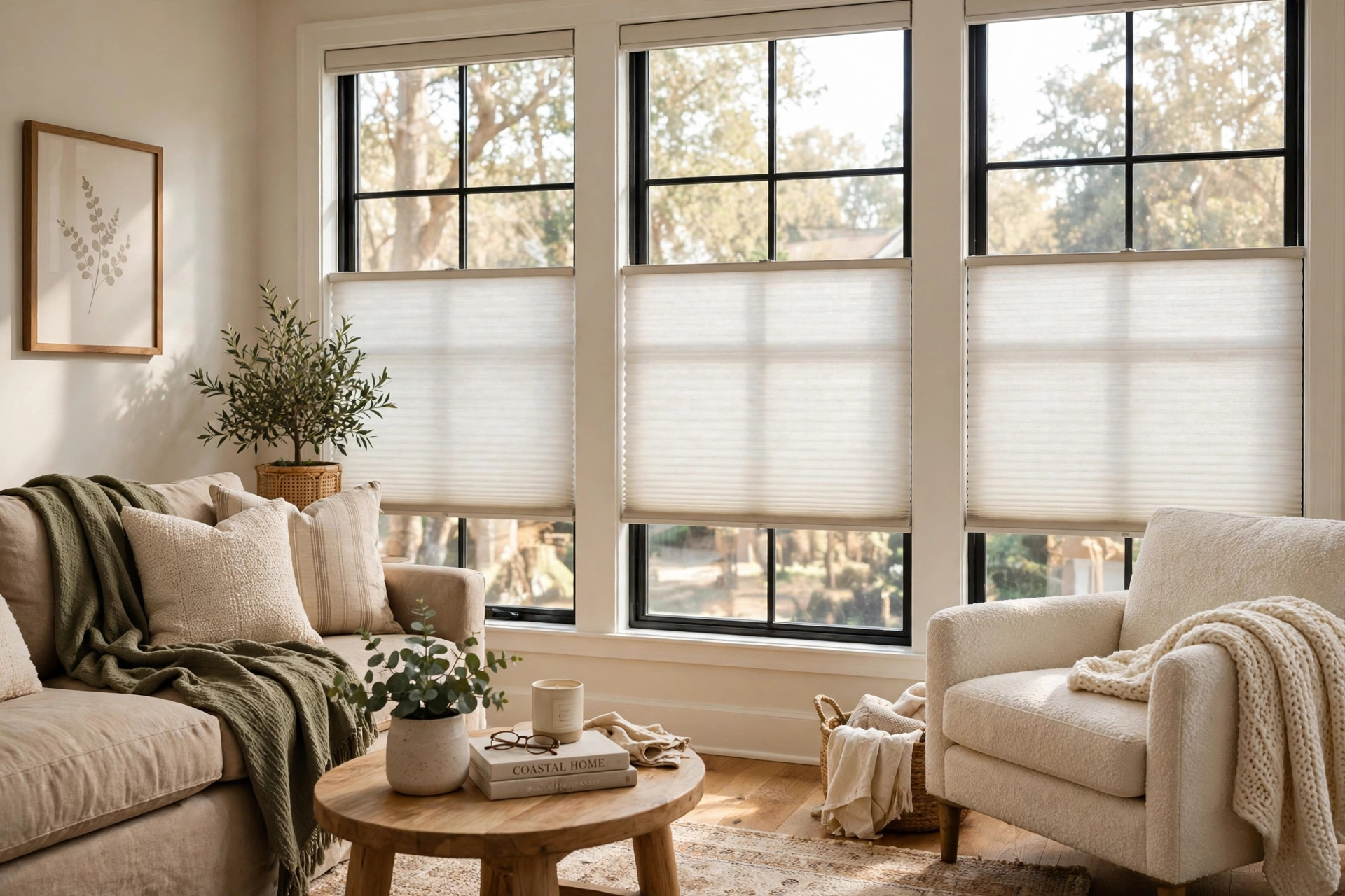 top rated cordless cellular shades for american homes: Cordless cellular shades on a large window in an American living room
