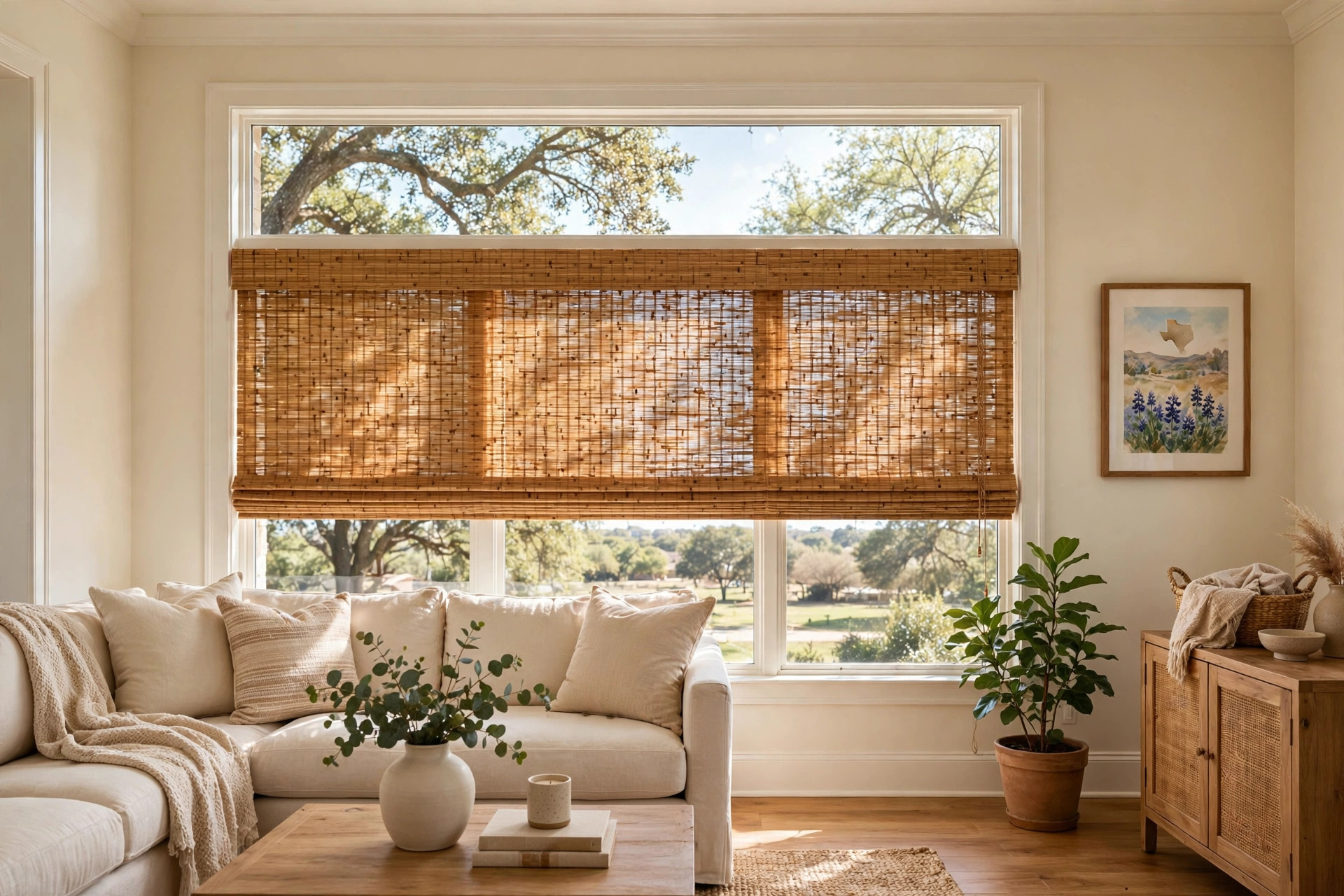 noise reducing bamboo roman shades for texas homes: Bamboo roman shades covering a window in a Texas home living room