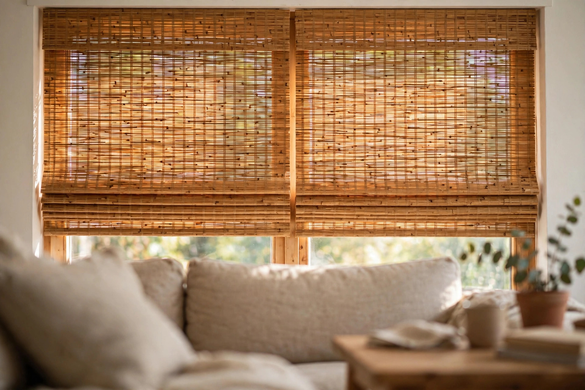 Affordable bamboo roman shades buying guide showing natural woven shades on a living room window