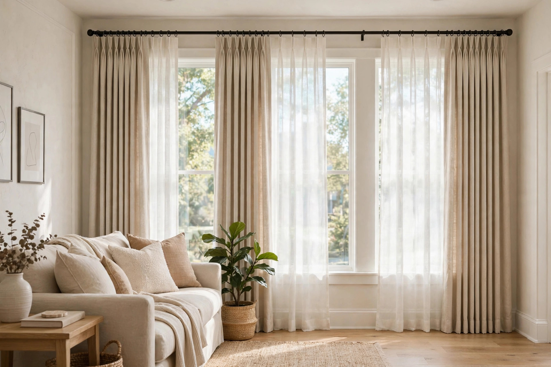 best pinch pleat drapes for humid climates: Pinch pleat drapes hanging in a bright living room