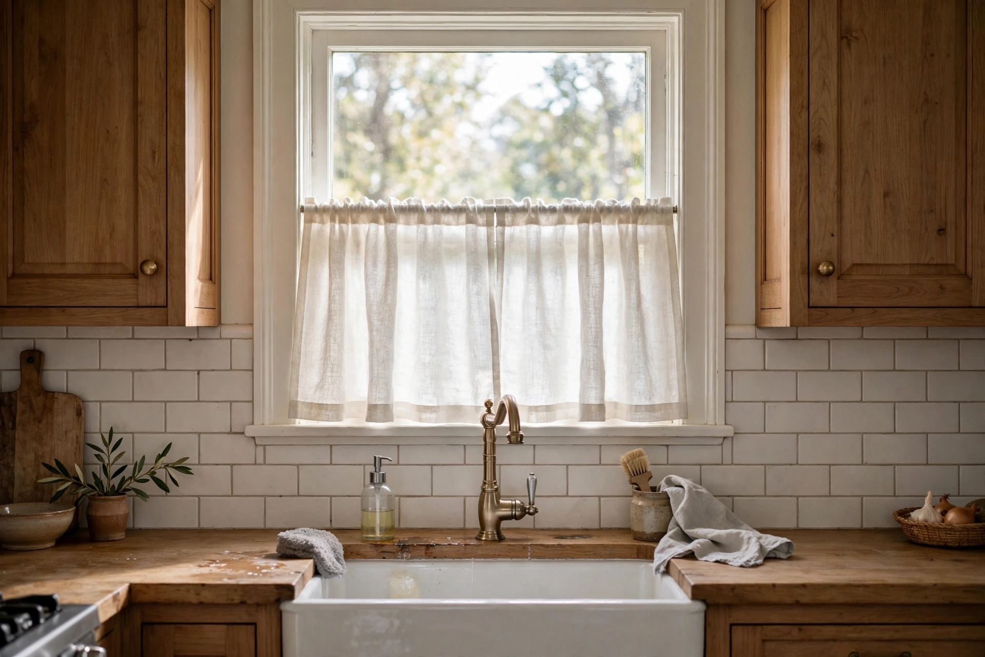 buy cafe curtains for kitchens online in arizona: Cafe curtains on a kitchen window in an Arizona home