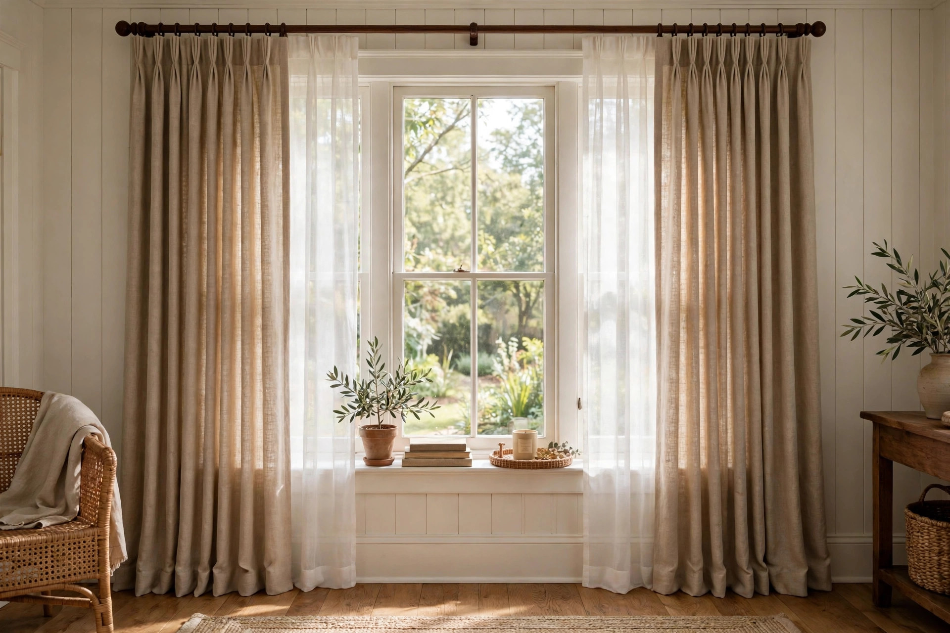 Custom pleated drapery panels in a living room, focus on the best custom drapery services near me