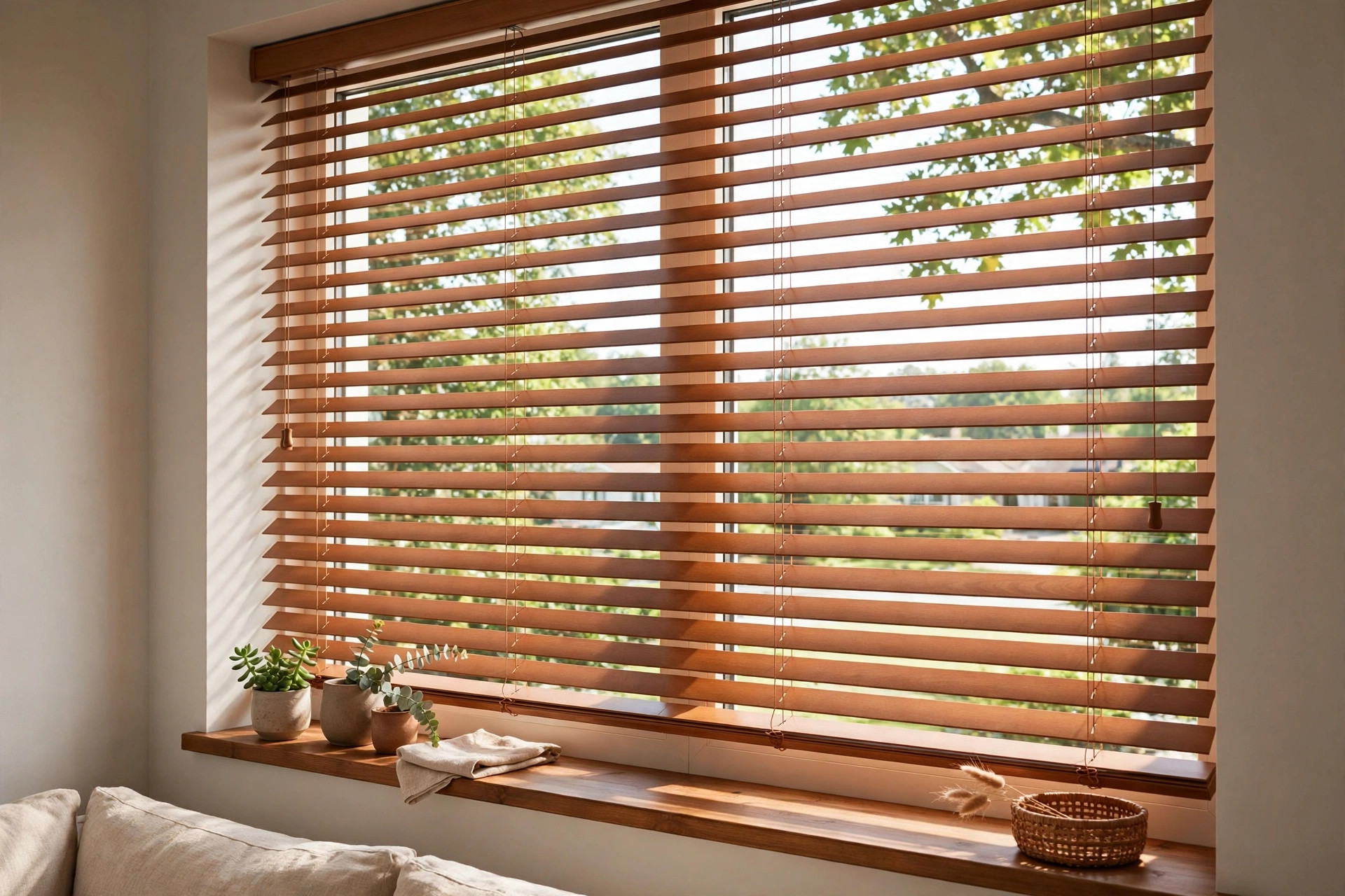 Freshly installed wooden blinds fitted by one of the best blinds installation companies near me