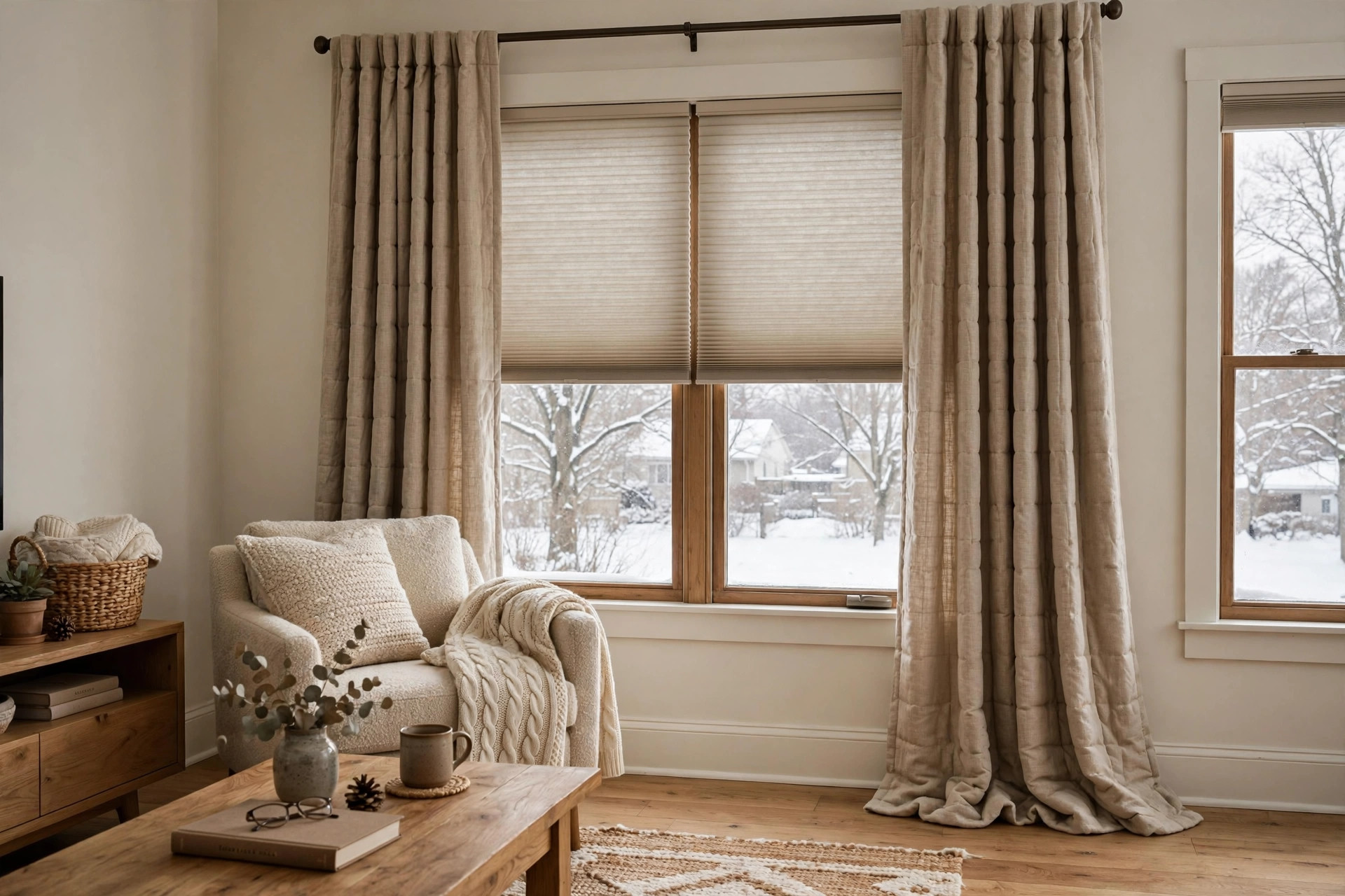 Thermal energy efficient window treatments for sale in an American living room