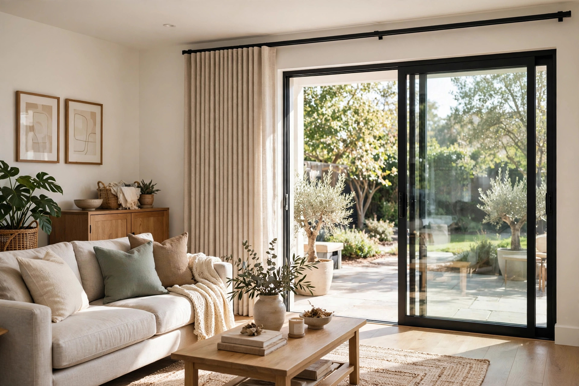 Custom sliding panel track blinds with free shipping on a large patio door