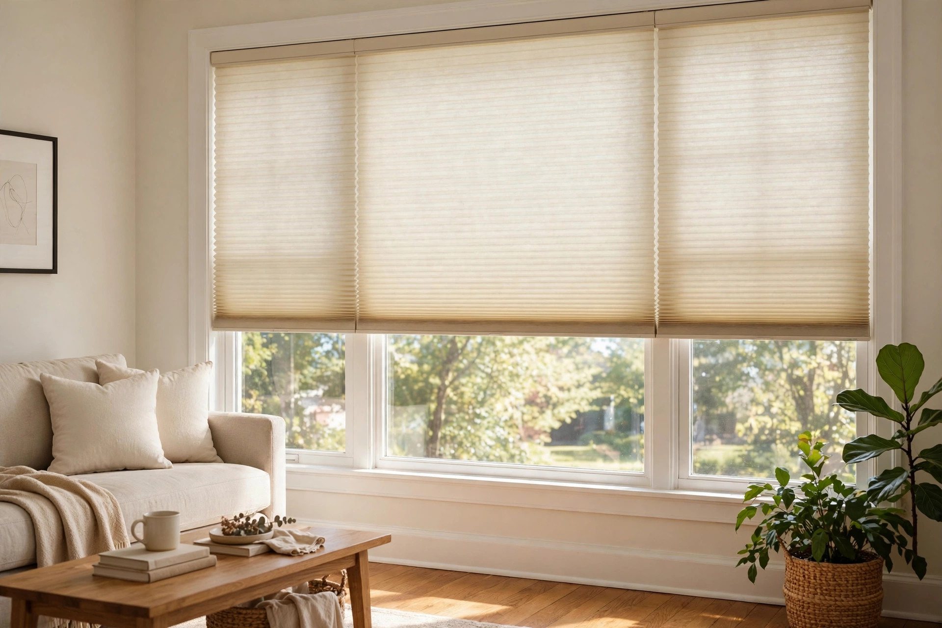 cordless cellular shades price comparison usa: Cordless cellular shades on a living room window
