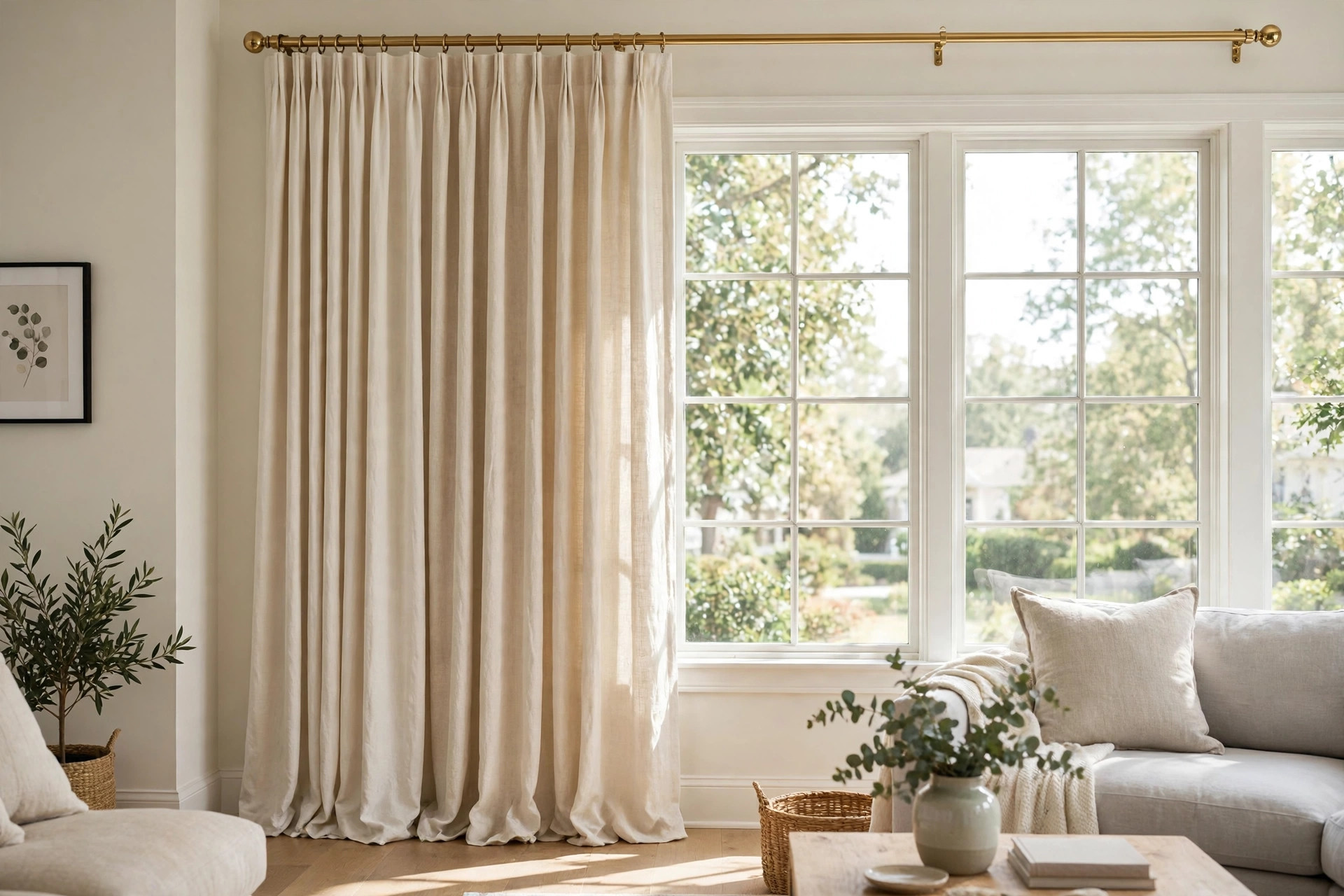 premium curtain cleaning services near me: Freshly cleaned premium curtains in a bright living room