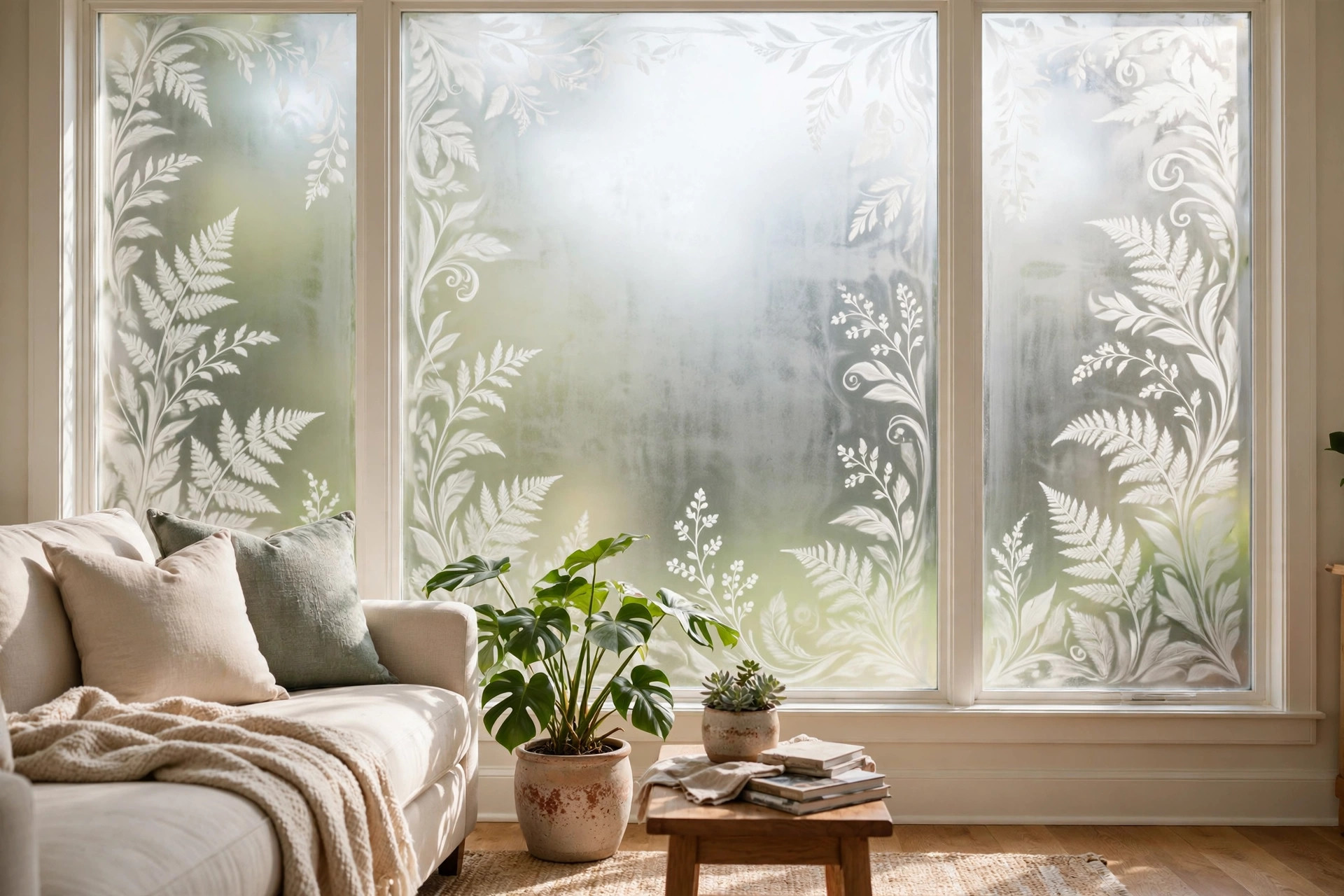 Frosted decorative window film on a bright living room window, top rated decorative window film buying guide