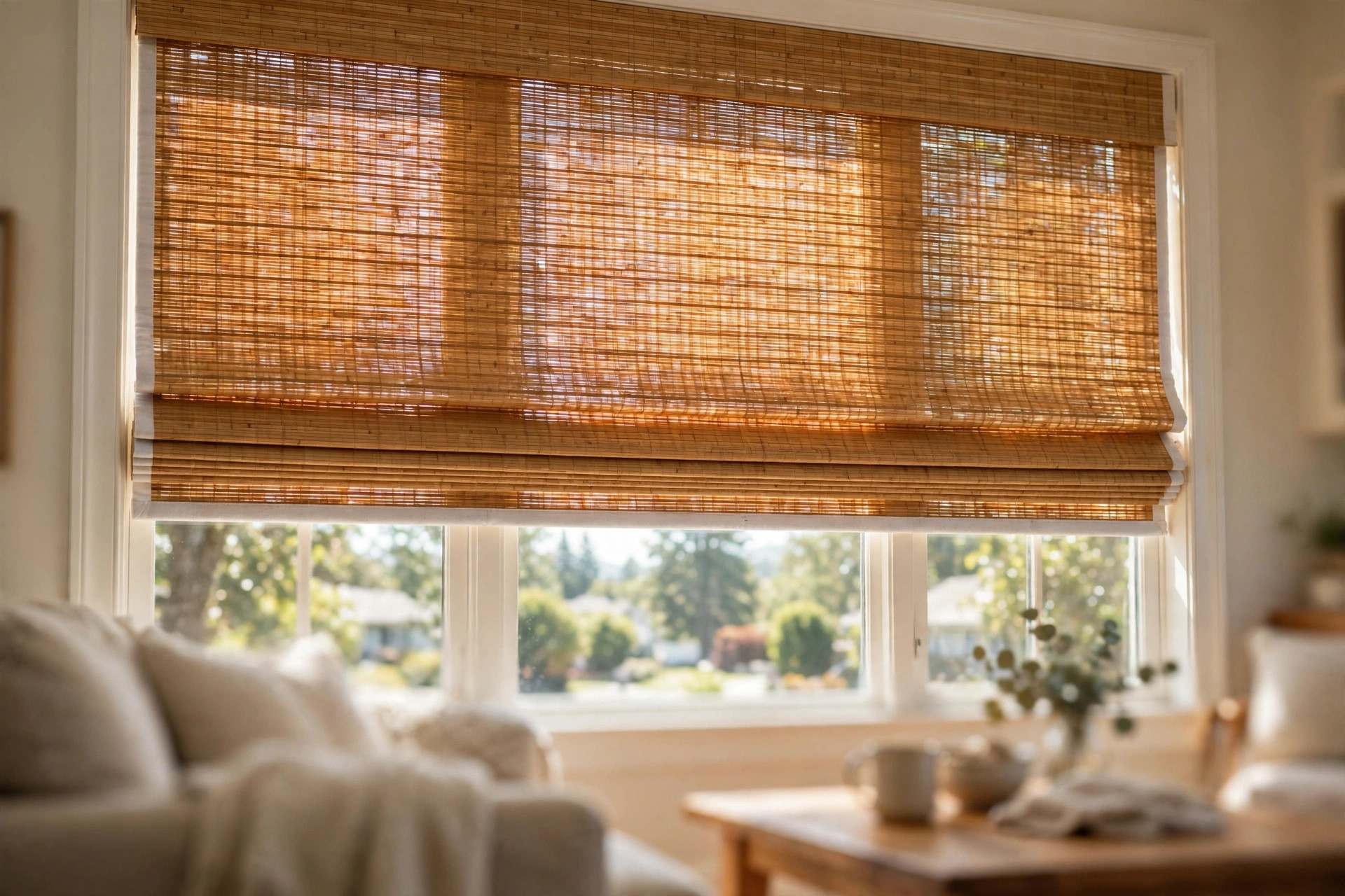Thermal bamboo roman shades for sale on a living room window