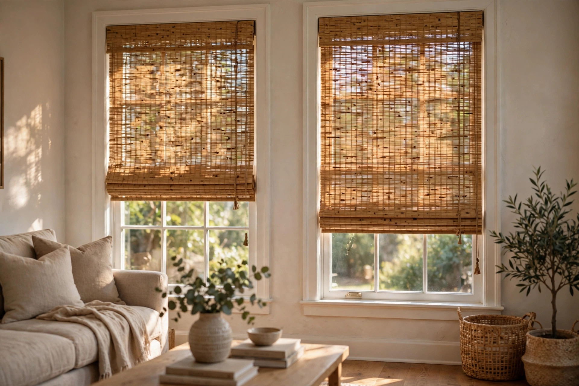 woven wood shades reviews and buying guide: Woven wood shades on two windows in a warm living room