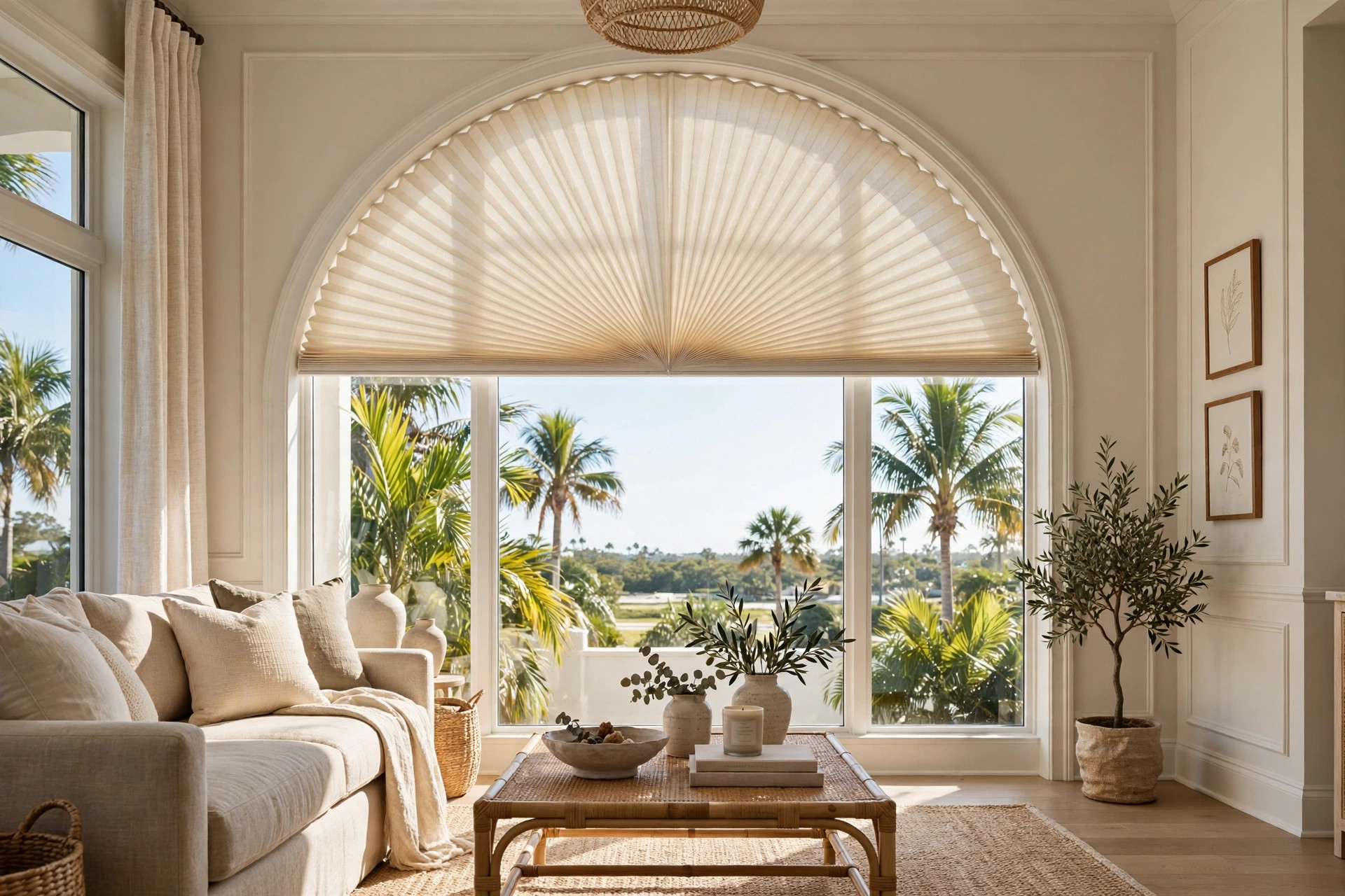 best arched window shades for florida homes: Arched window shades in a Florida home