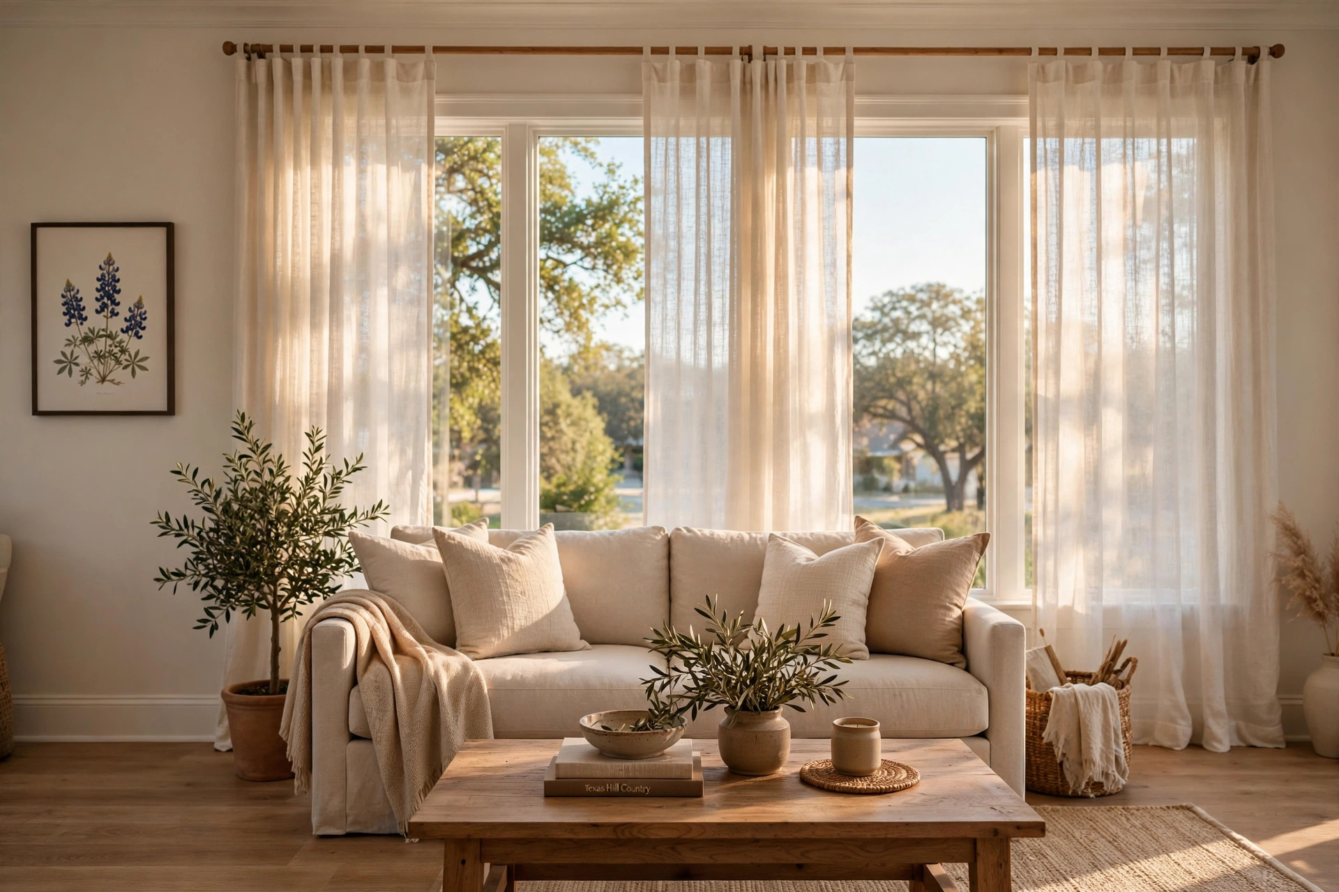 Top rated sheer linen curtains for Texas homes in a bright living room