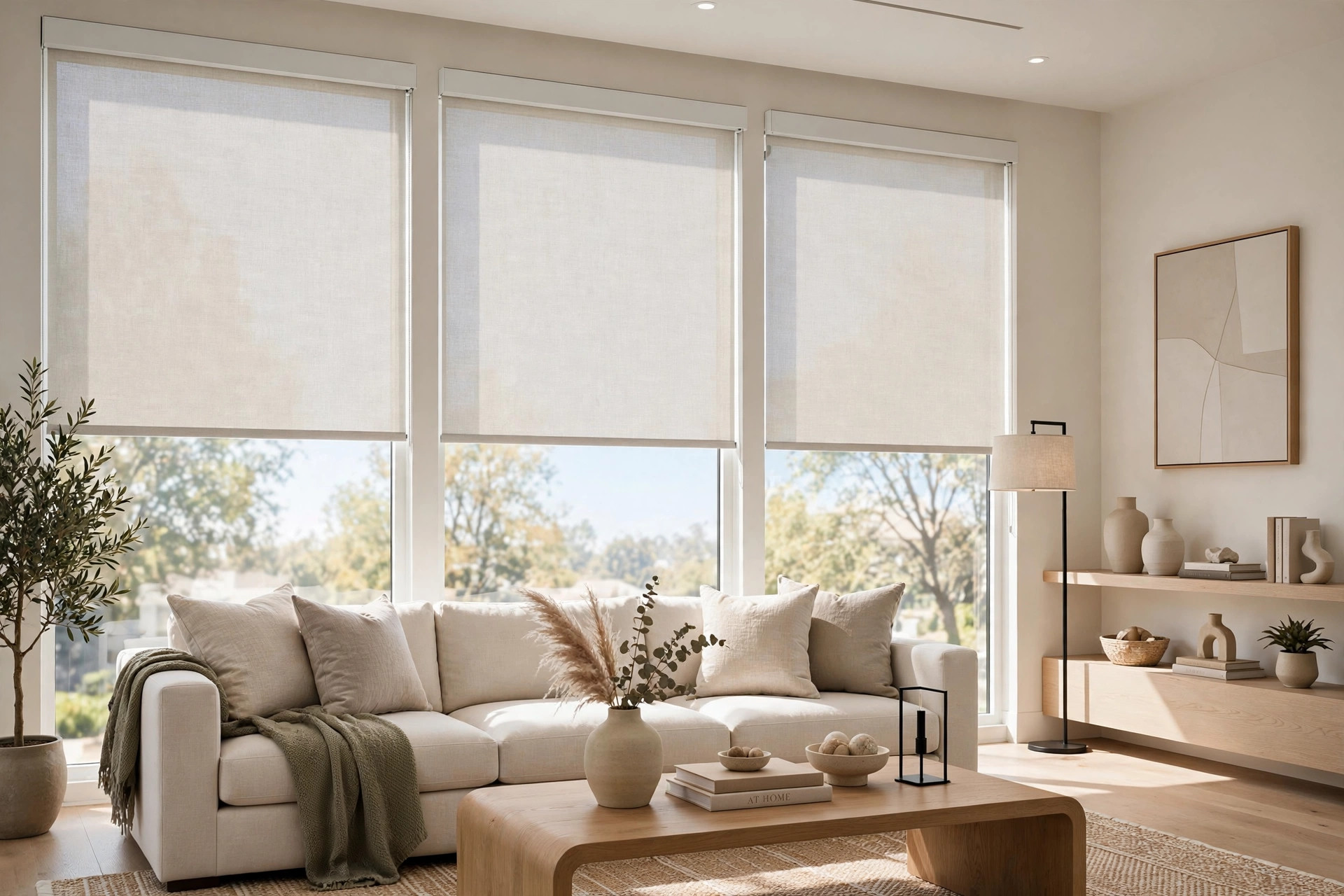 luxury motorized roller shades buying guide: A bright American living room with luxury motorized roller shades on tall windows