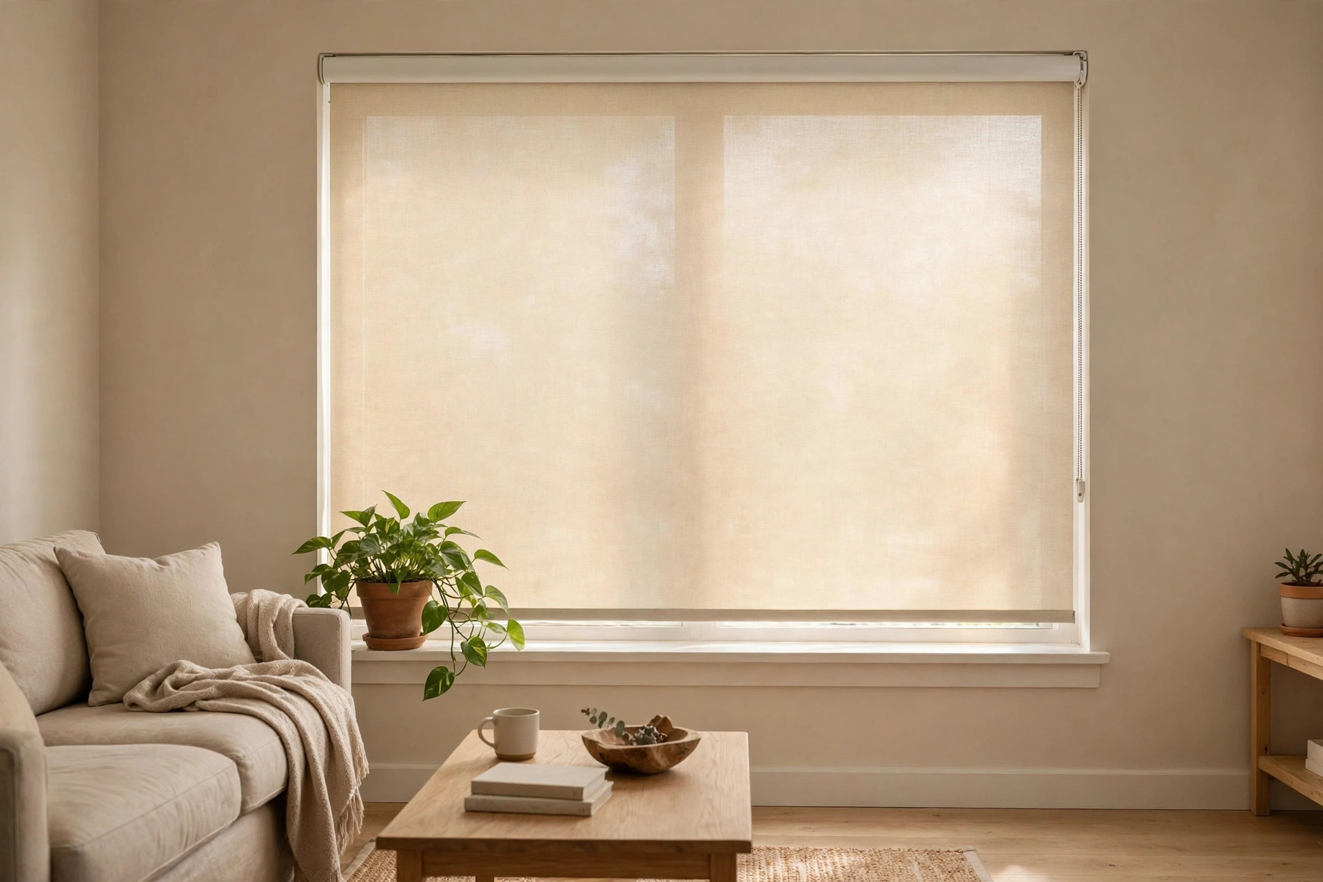 affordable light filtering roller shades buying guide: Affordable light filtering roller shades on a living room window