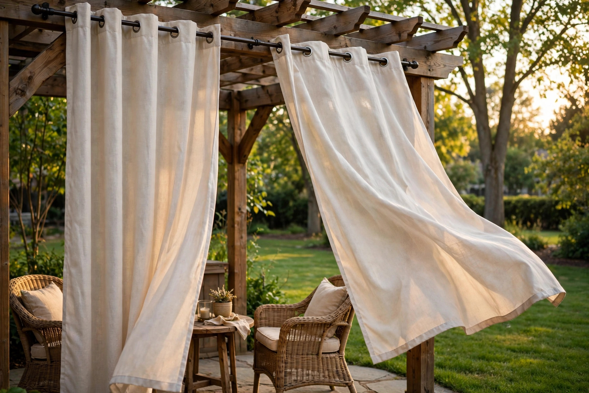 outdoor patio curtains reviews and buying guide: Outdoor patio curtains on a backyard pergola