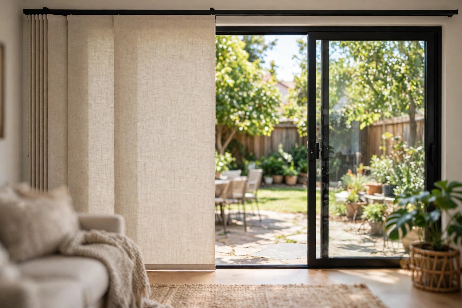 Affordable sliding panel track blinds with free shipping covering a sliding glass door in a bright American living room