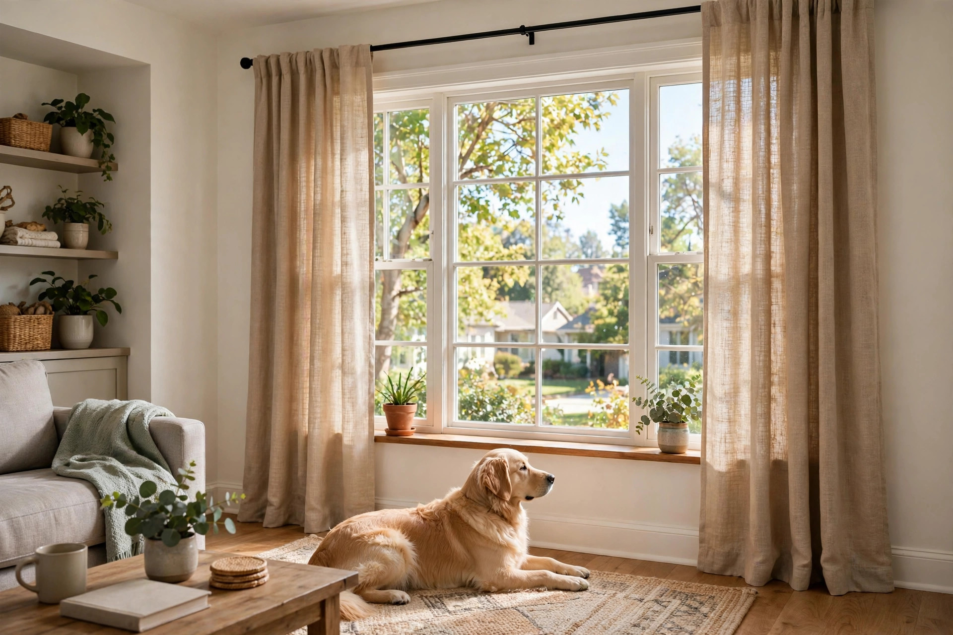 top rated pet friendly curtains for usa homes: Pet friendly living room curtains in a bright American home