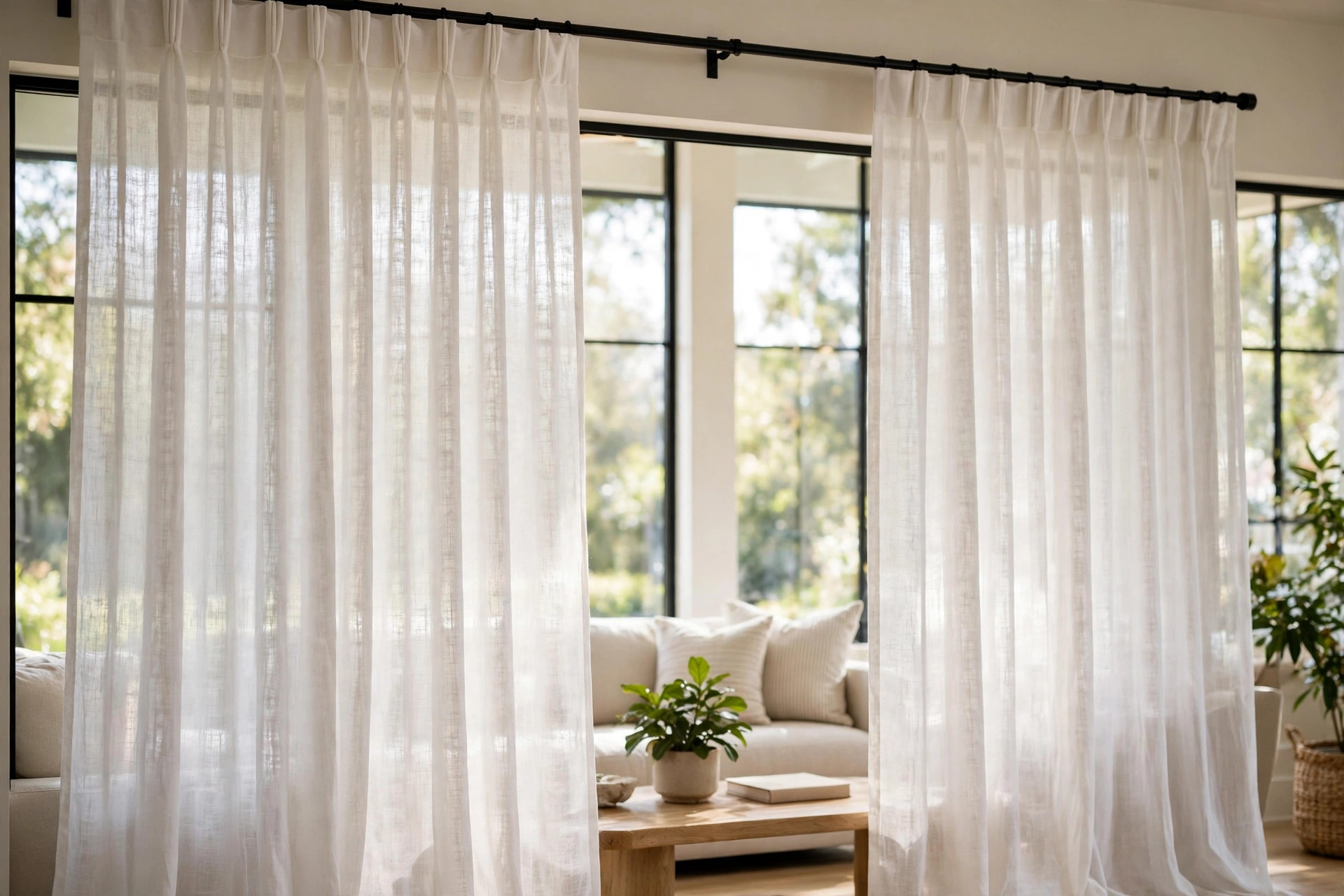 luxury white linen curtain panels buying guide: Luxury white linen curtain panels hanging in a bright living room